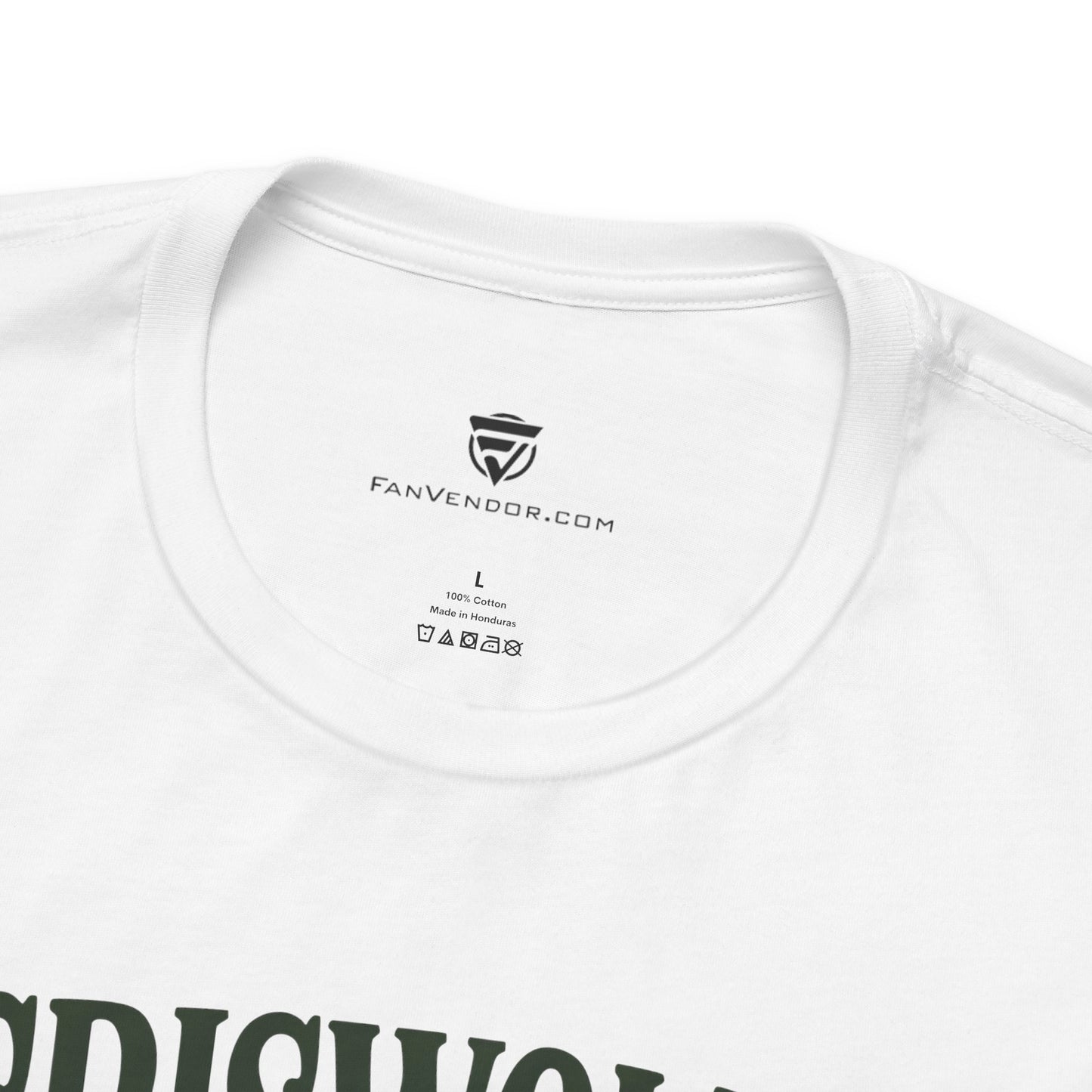 White t-shirt with 'FanVendor.com' logo and text on a white background