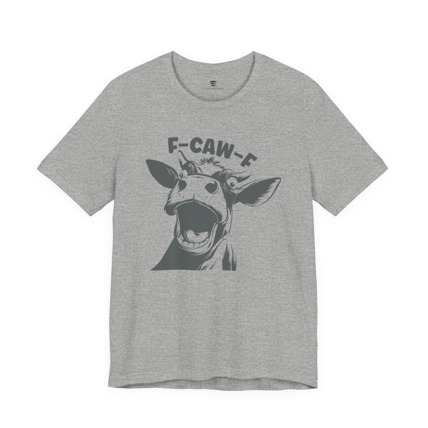 Gray t-shirt with a graphic of a cow and text 'F-CAW-F' 