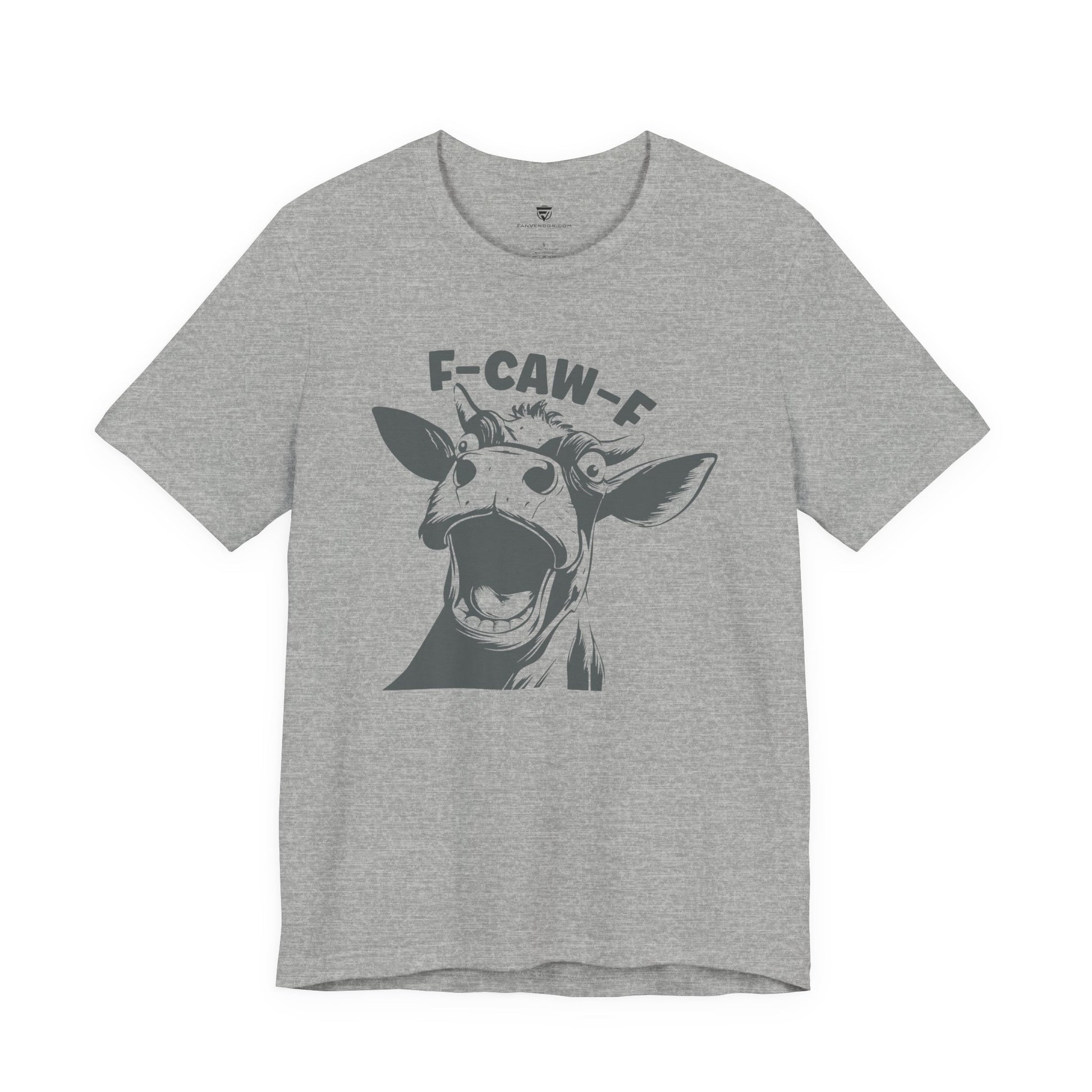 Gray t-shirt with a graphic of a cow and text 'F-CAW-F' 