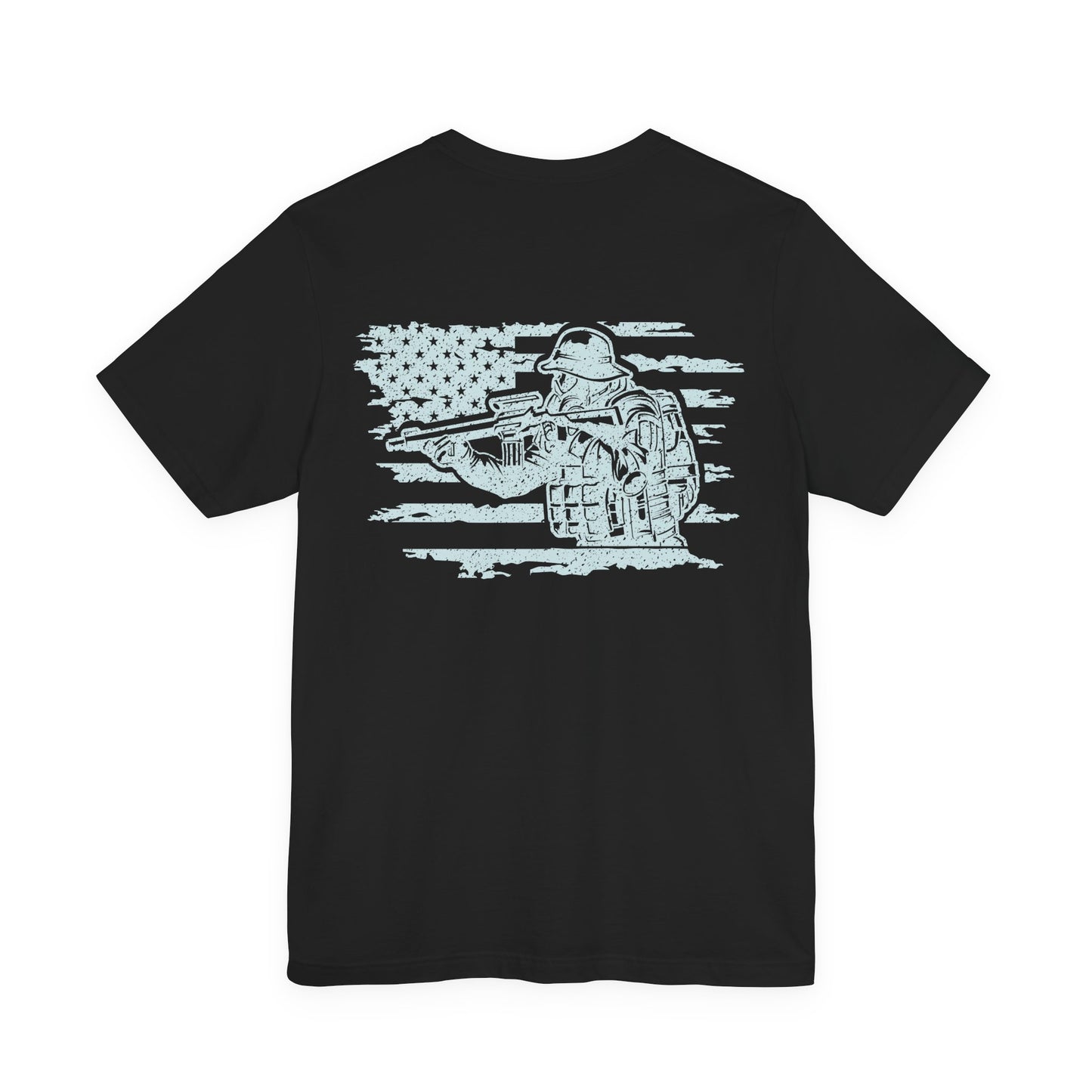 Black t-shirt with white graphic design on a white background