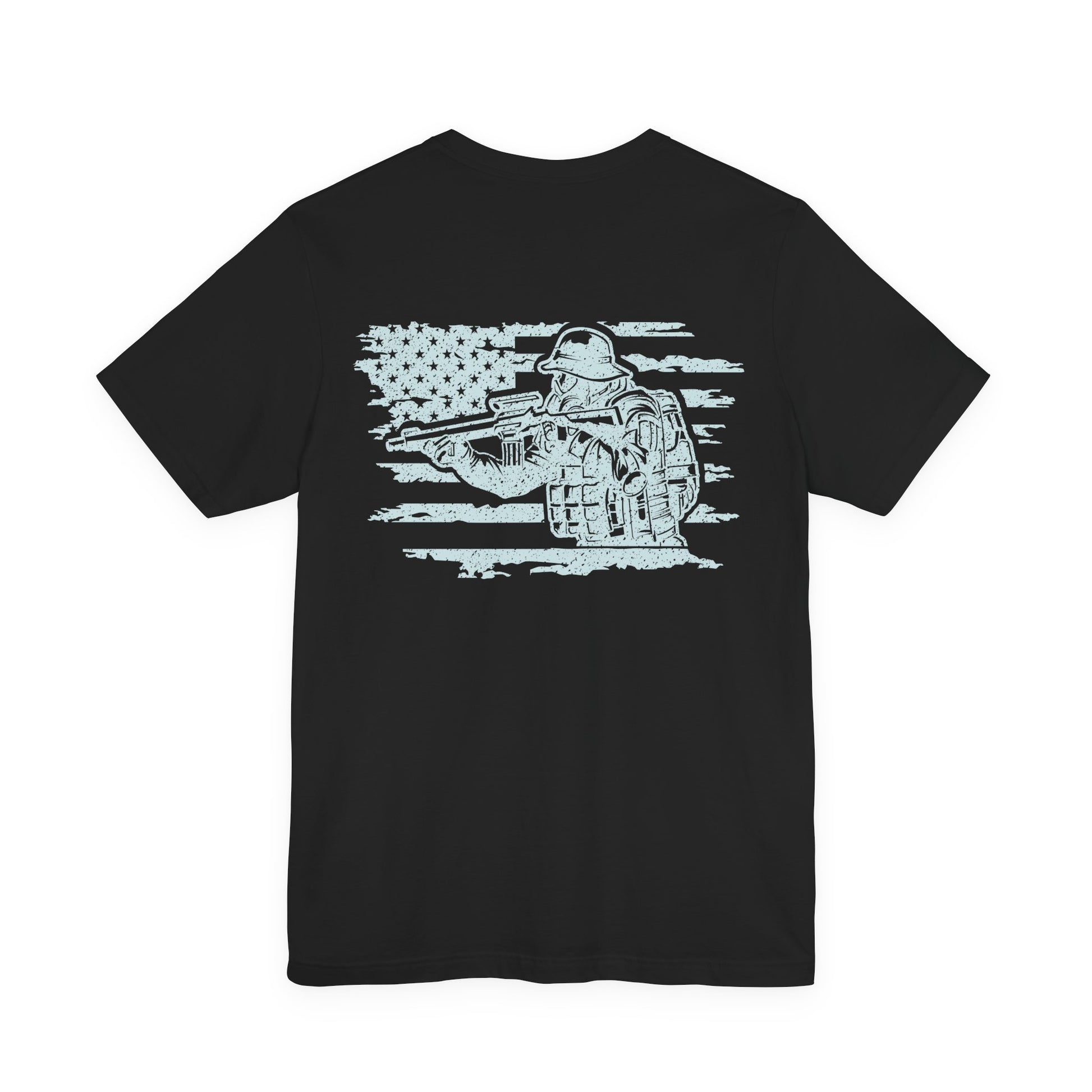 Black t-shirt with white graphic design on a white background