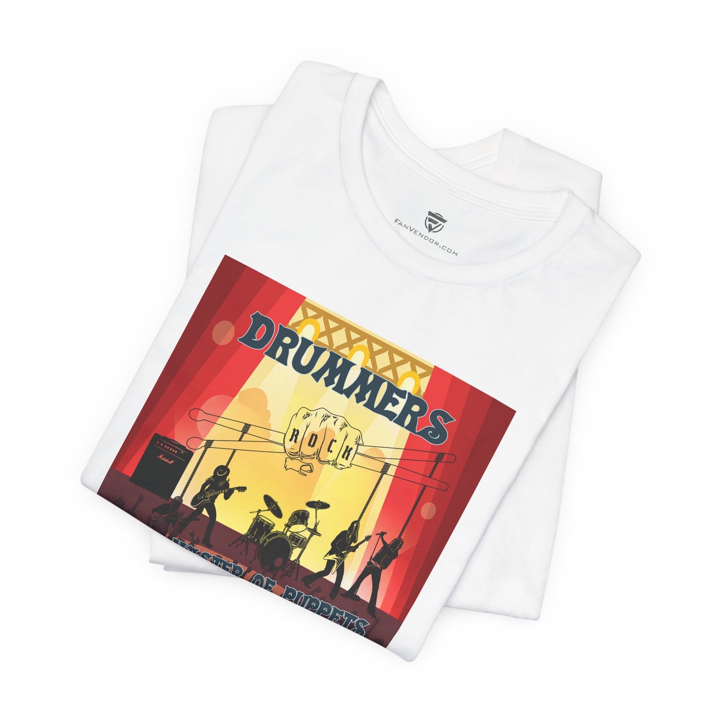 White t-shirt with a colorful graphic design on a white background