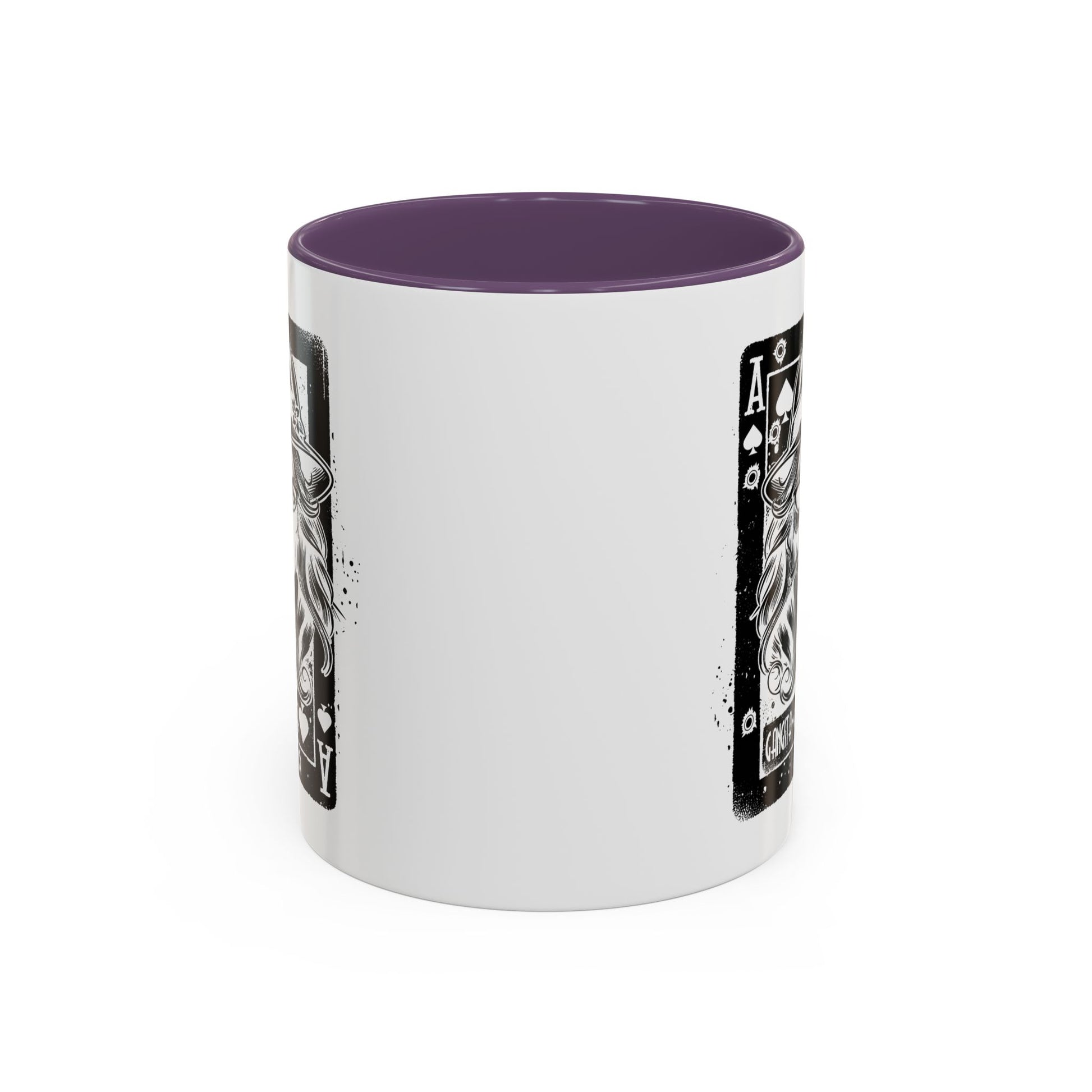 White mug with purple interior and black and white graphics on a white background