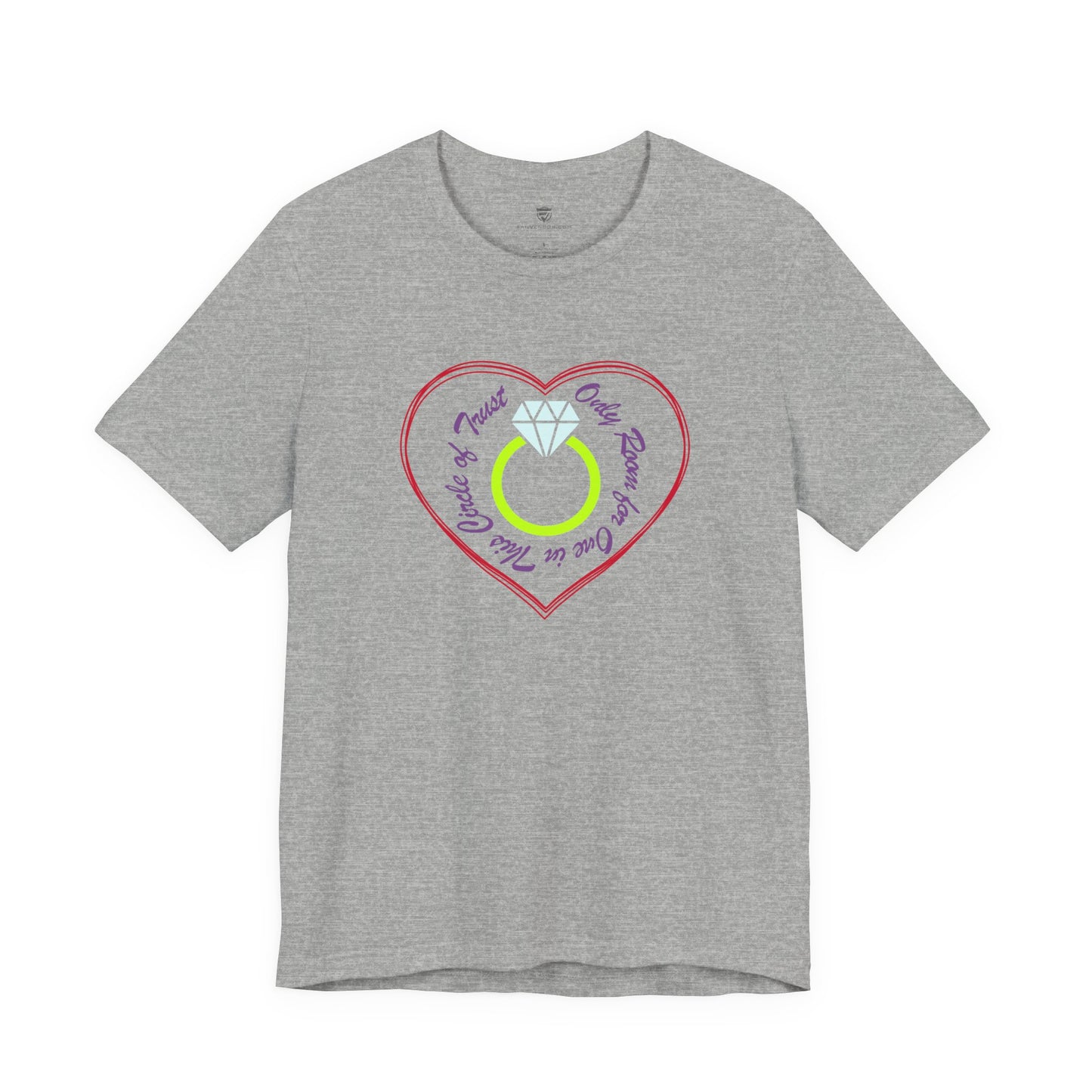 Gray t-shirt with a heart-shaped ring graphic on a white background
