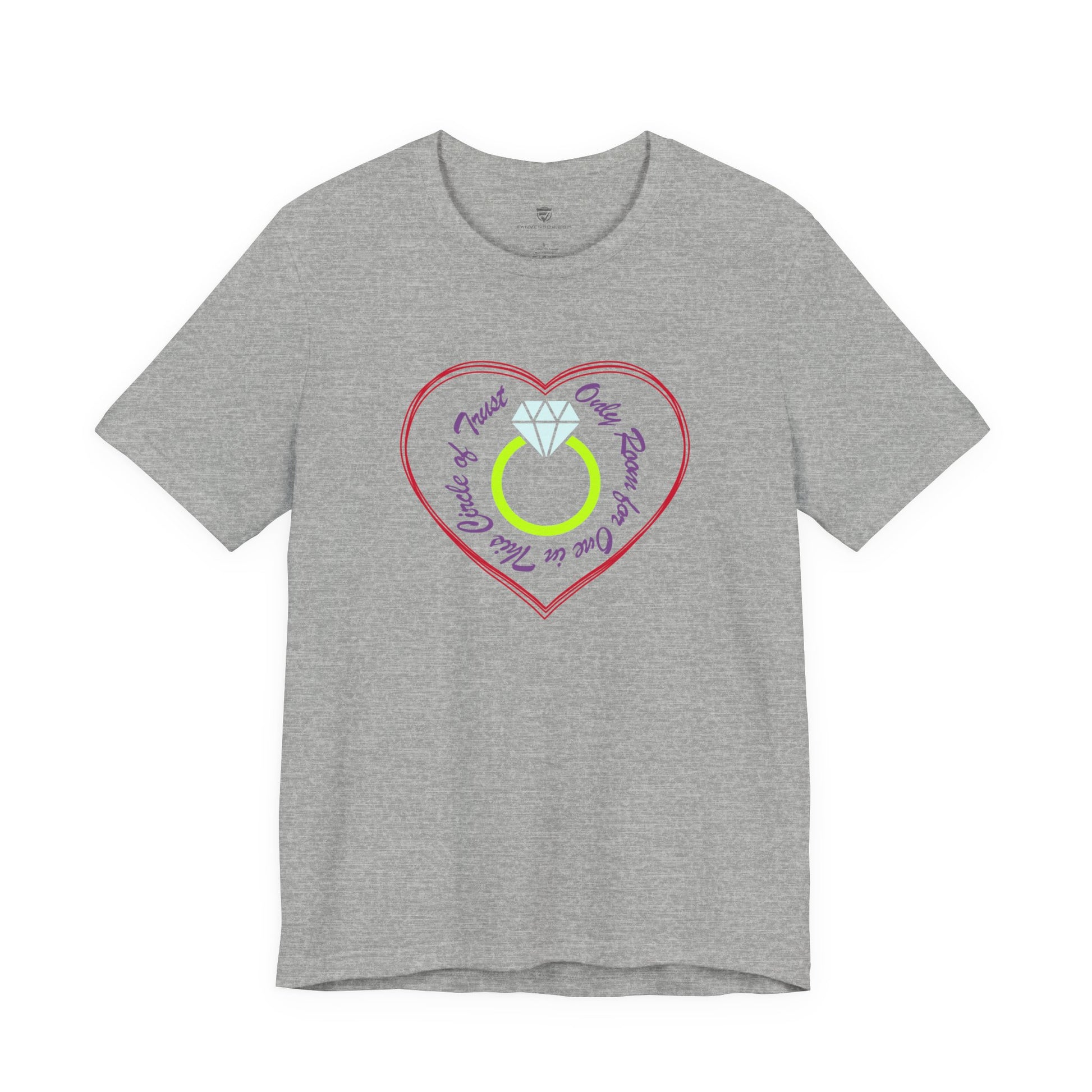 Gray t-shirt with a heart-shaped ring graphic on a white background