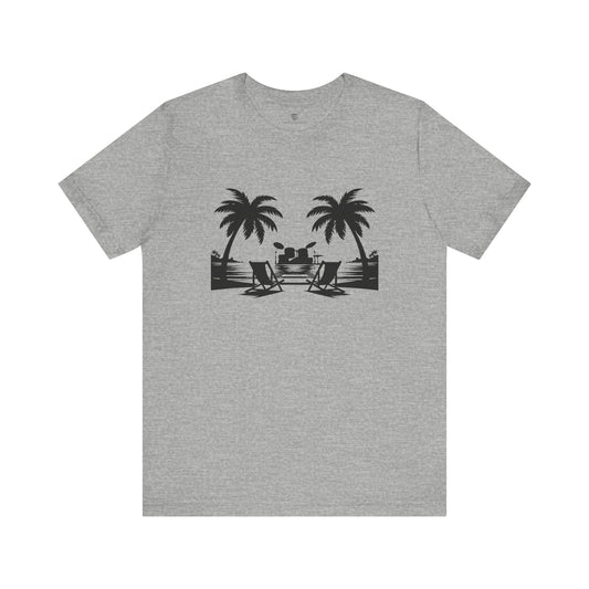 Gray t-shirt with black beach graphic on a white background