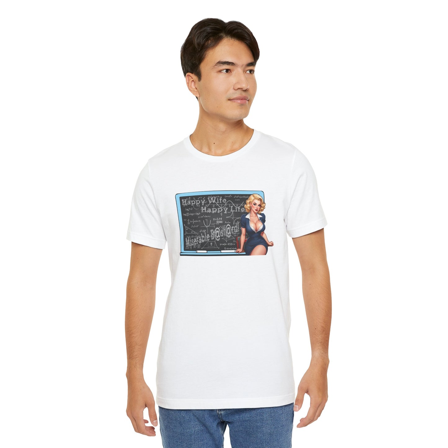 Man wearing a white t-shirt with a graphic design on a white background