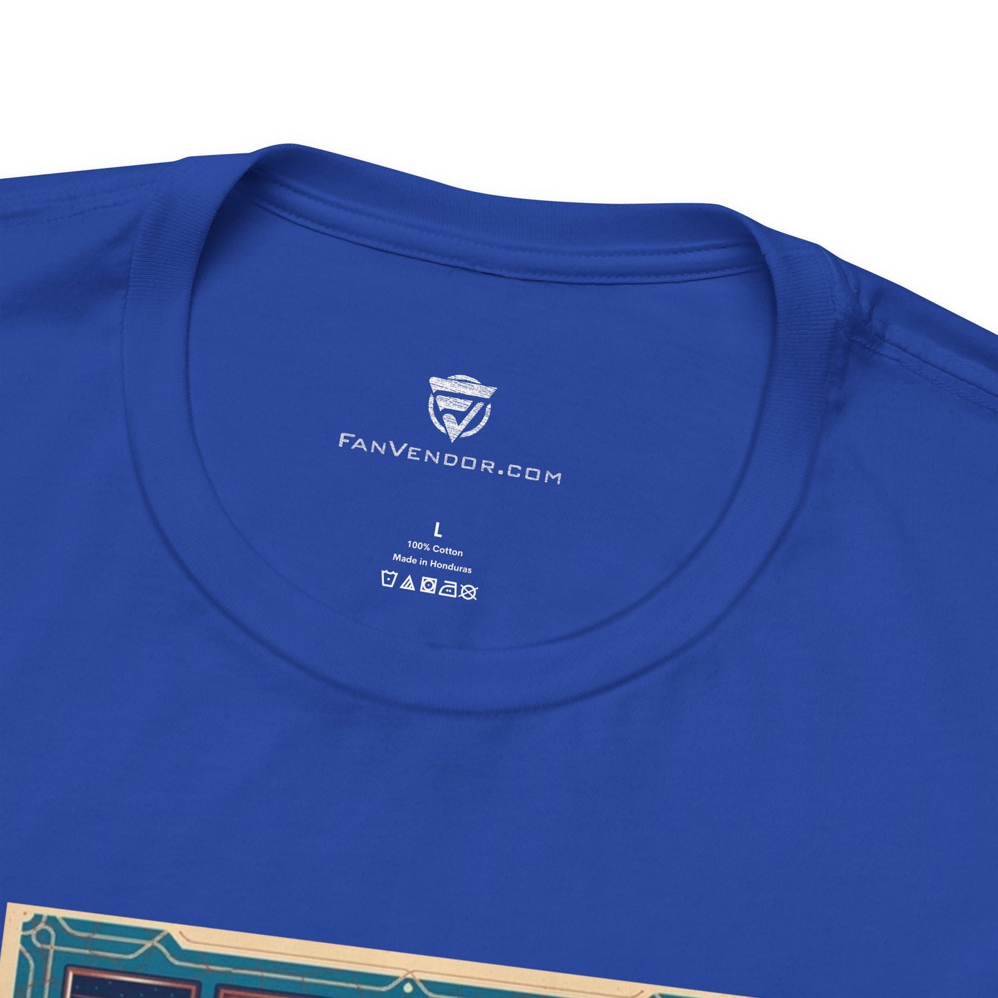 Blue t-shirt with 'Fanvendor.com' logo on the collar