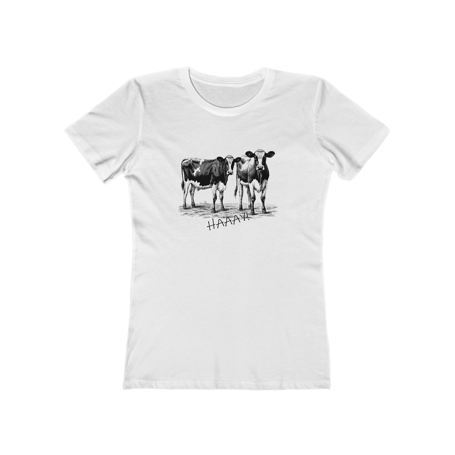 White t-shirt with black cow illustration and 'HAHA' text on a white background