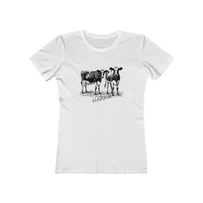 White t-shirt with black cow illustration and 'HAHA' text on a white background