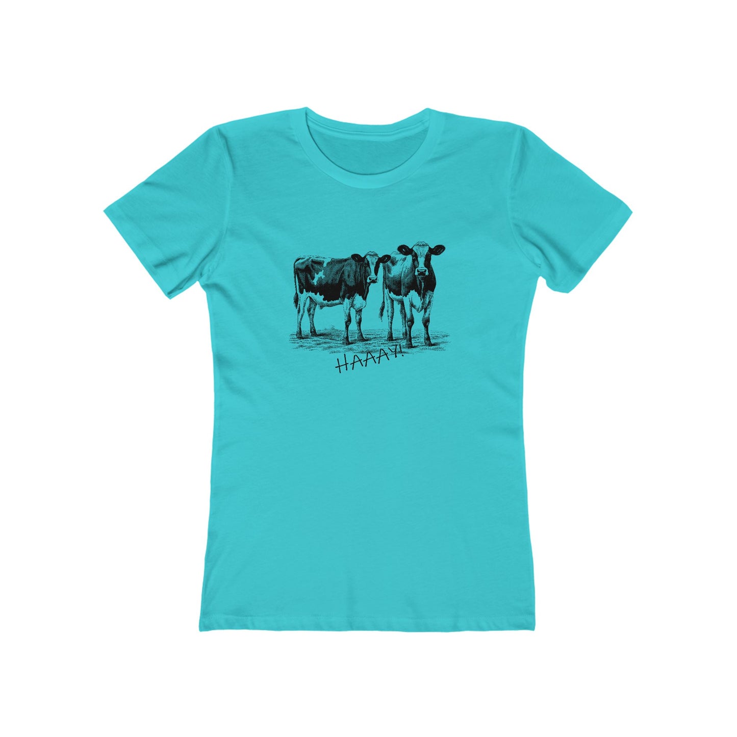 Turquoise t-shirt with black cow illustration and 'HARAJUKU' text on a white background
