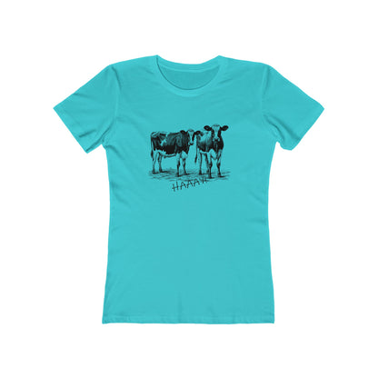 Turquoise t-shirt with black cow illustration and 'HARAJUKU' text on a white background