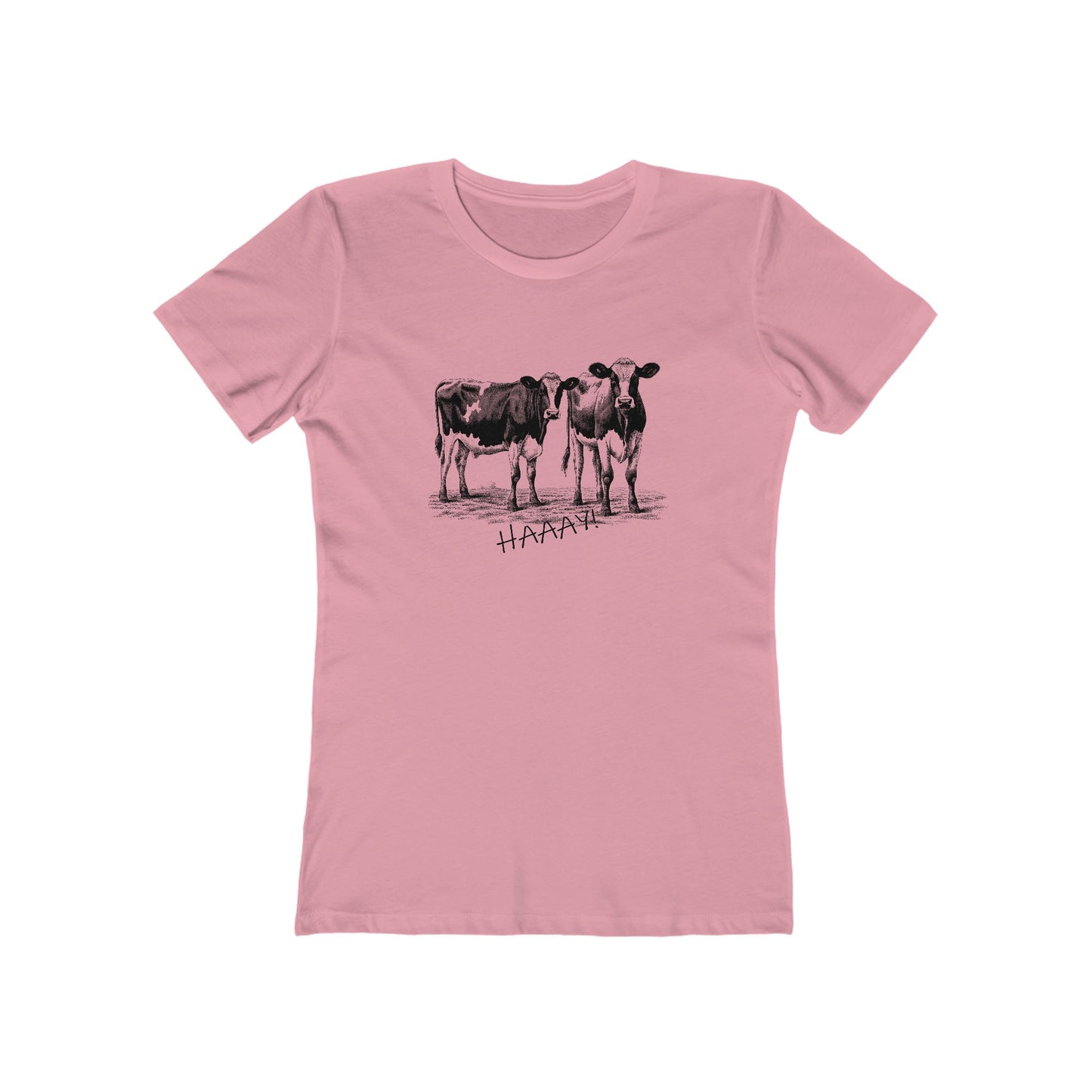 Pink t-shirt with black cow illustration and 'HARSH' text on a white background