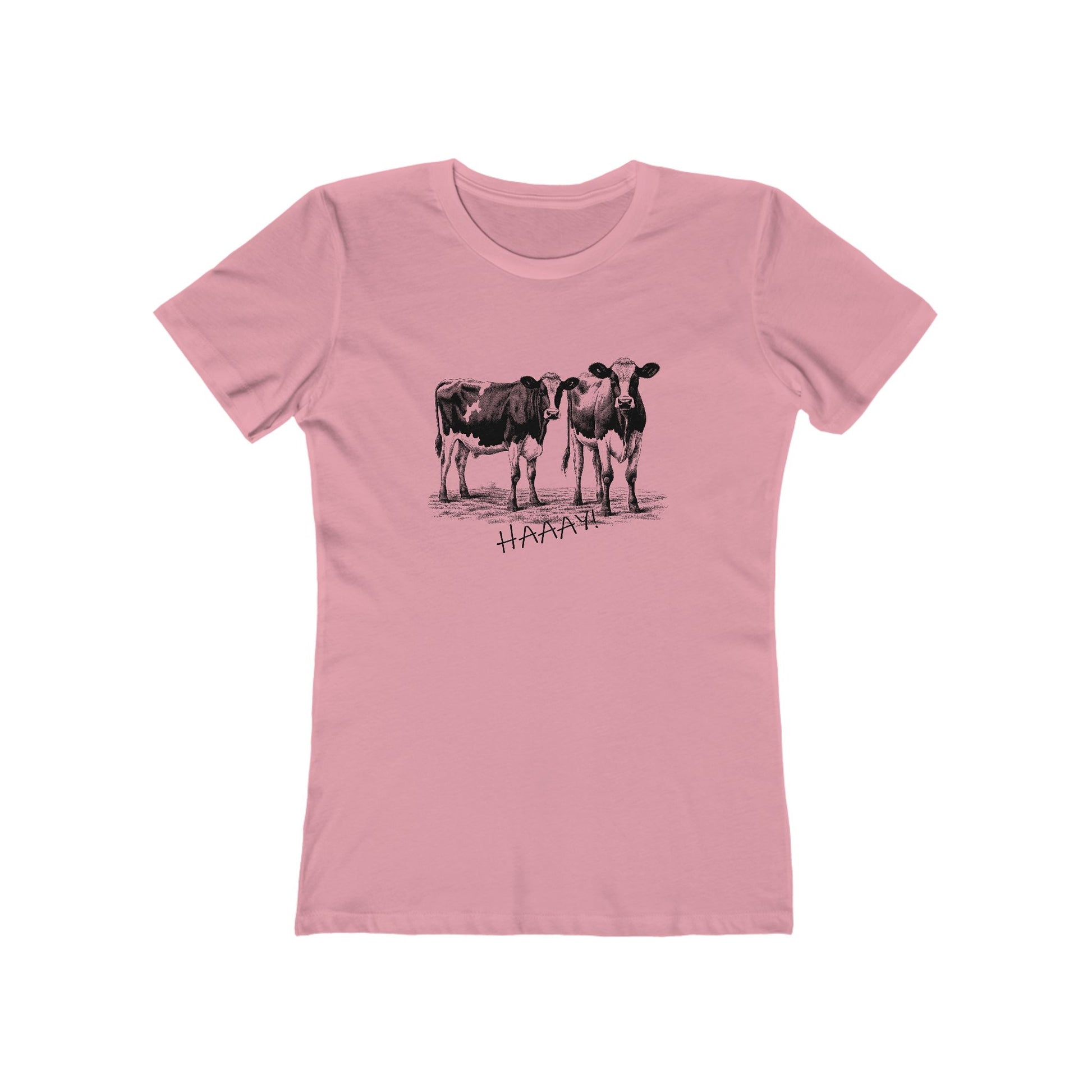 Pink t-shirt with black cow illustration and 'HARSH' text on a white background
