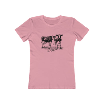 Pink t-shirt with black cow illustration and 'HARSH' text on a white background
