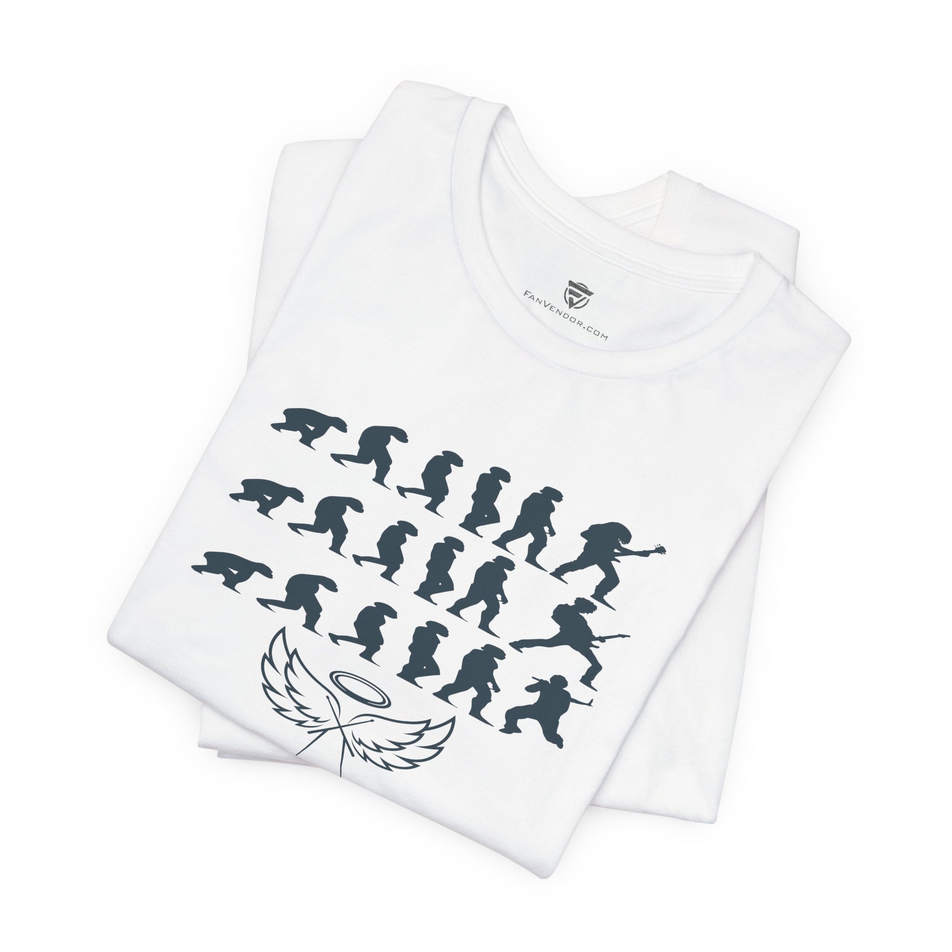 White t-shirt with black graphic design on a white background