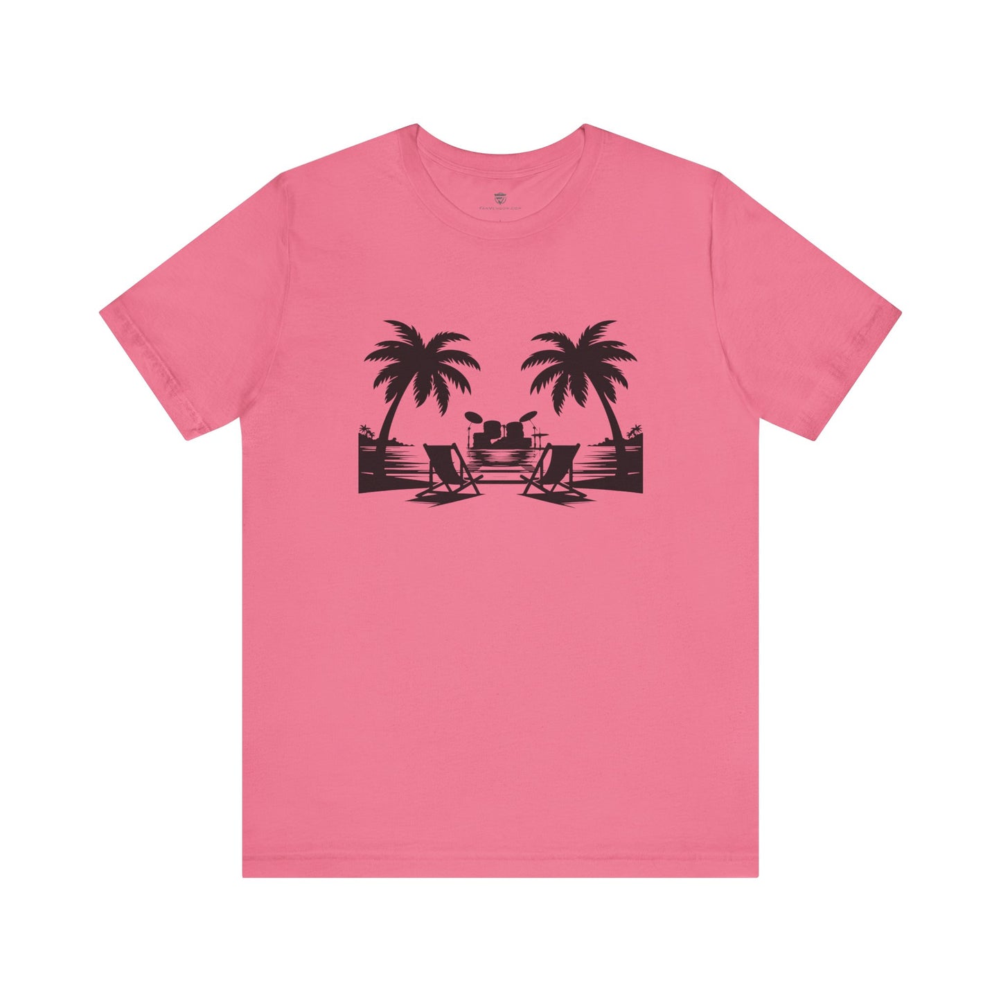 Pink t-shirt with black beach graphic on a white background