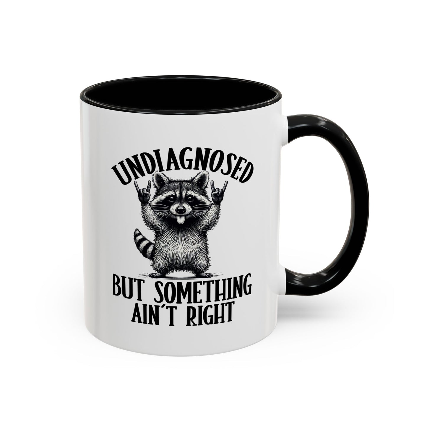 White mug with black handle featuring text and graphic on a white background