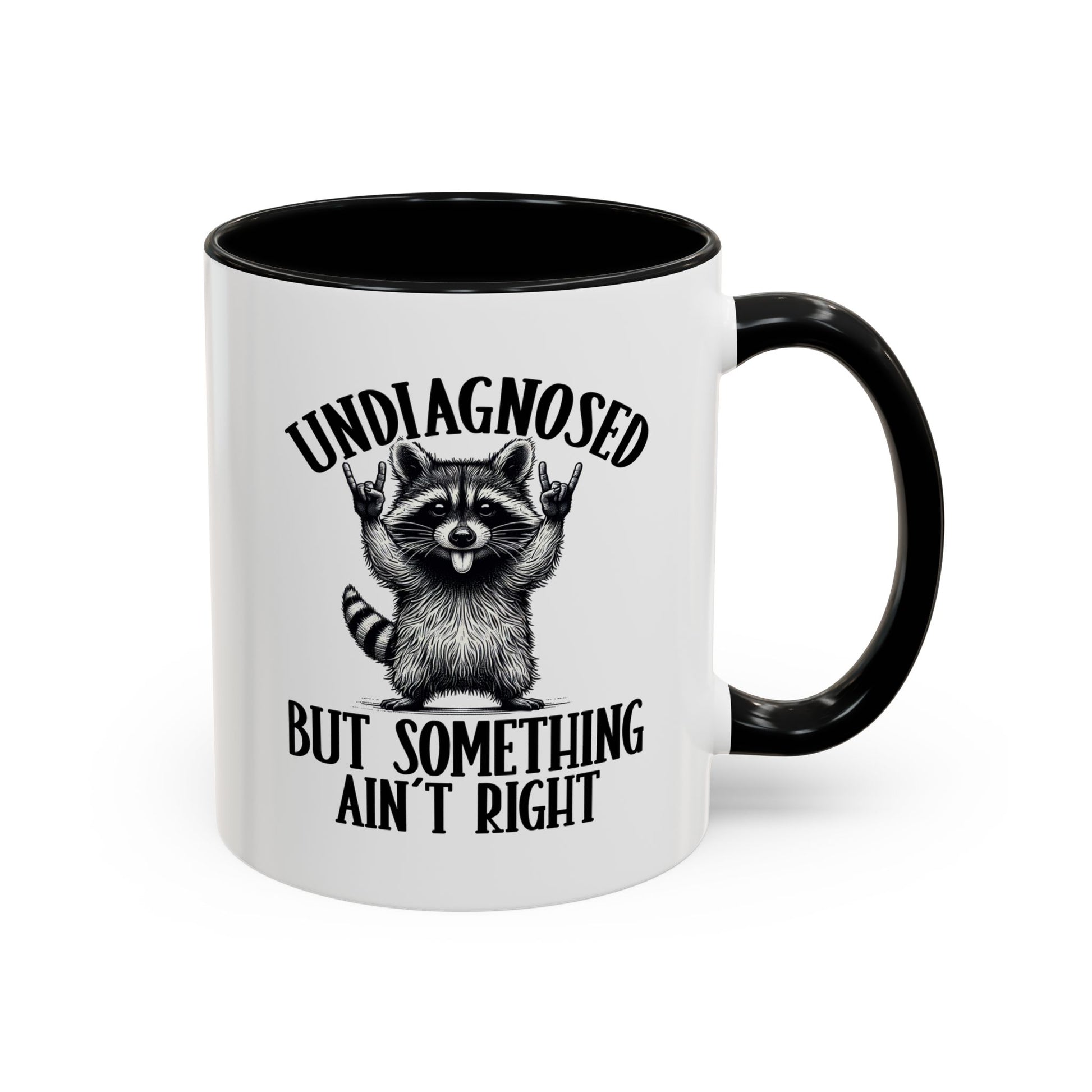 White mug with black handle featuring text and graphic on a white background