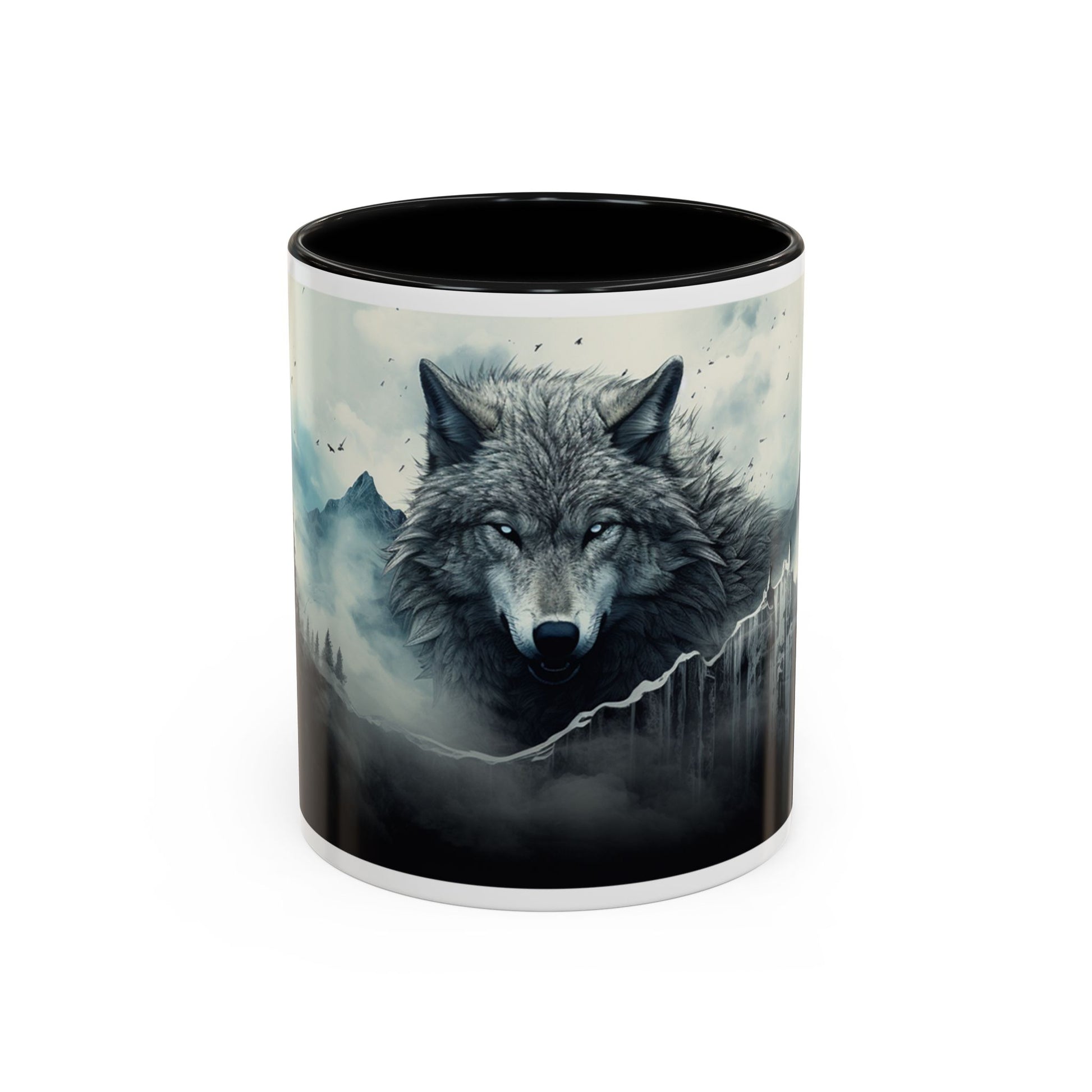 Mug with a wolf design on a white background