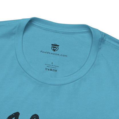 Close-up of a blue t-shirt with 'FanVendor.com' logo and text 