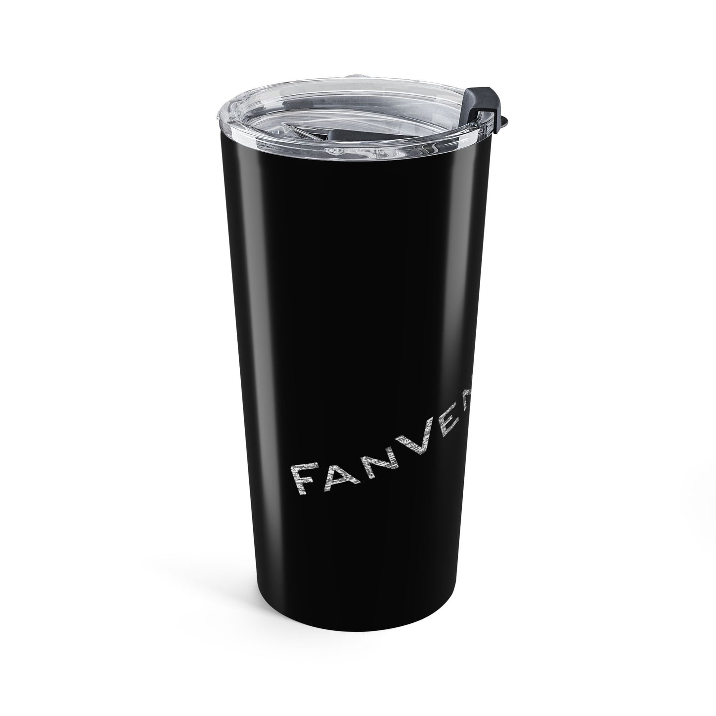 Black tumbler with clear lid on a white background