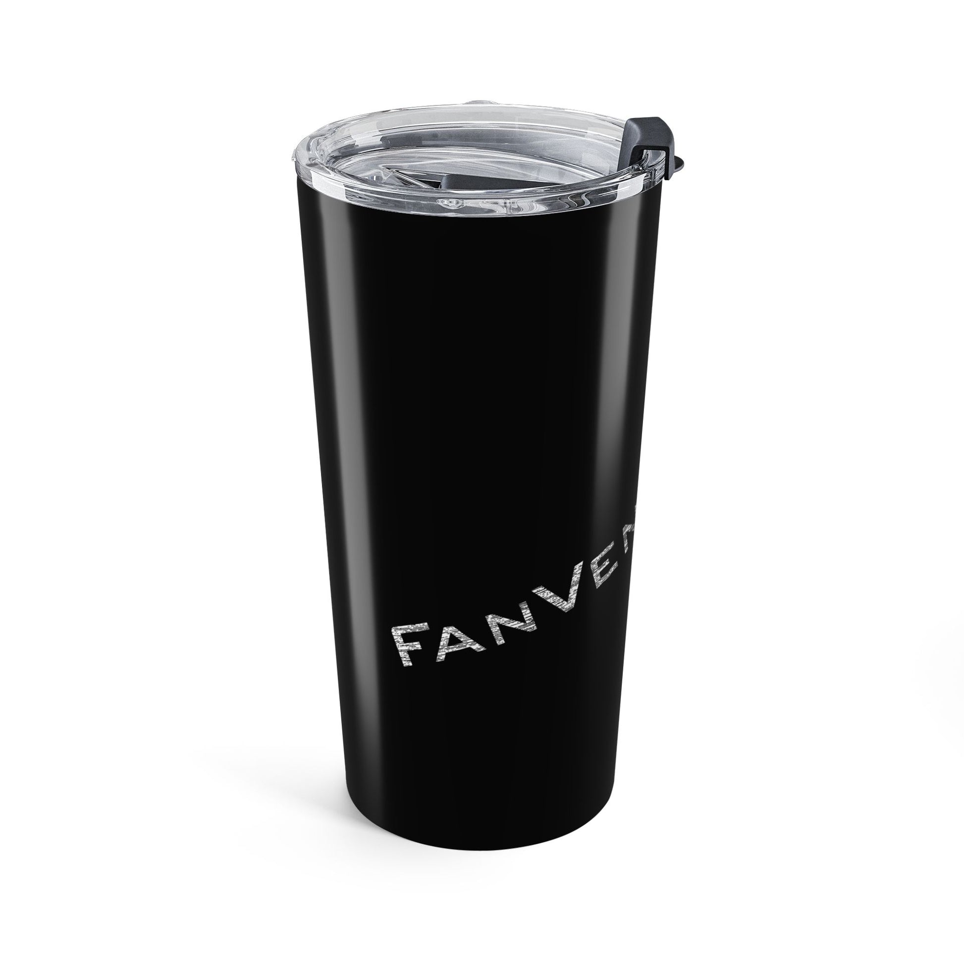 Black tumbler with clear lid on a white background