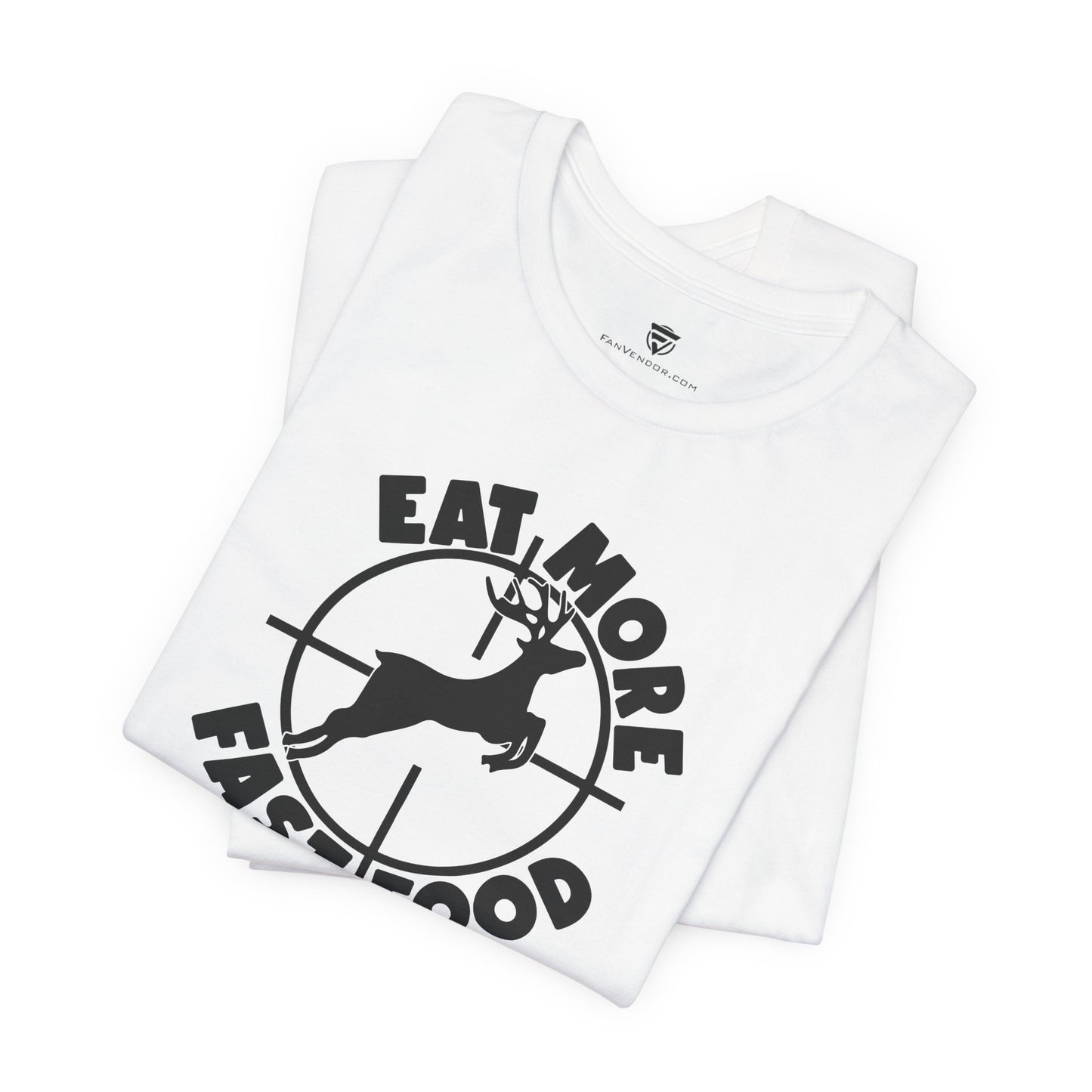 White t-shirt with black graphic and text on a white background