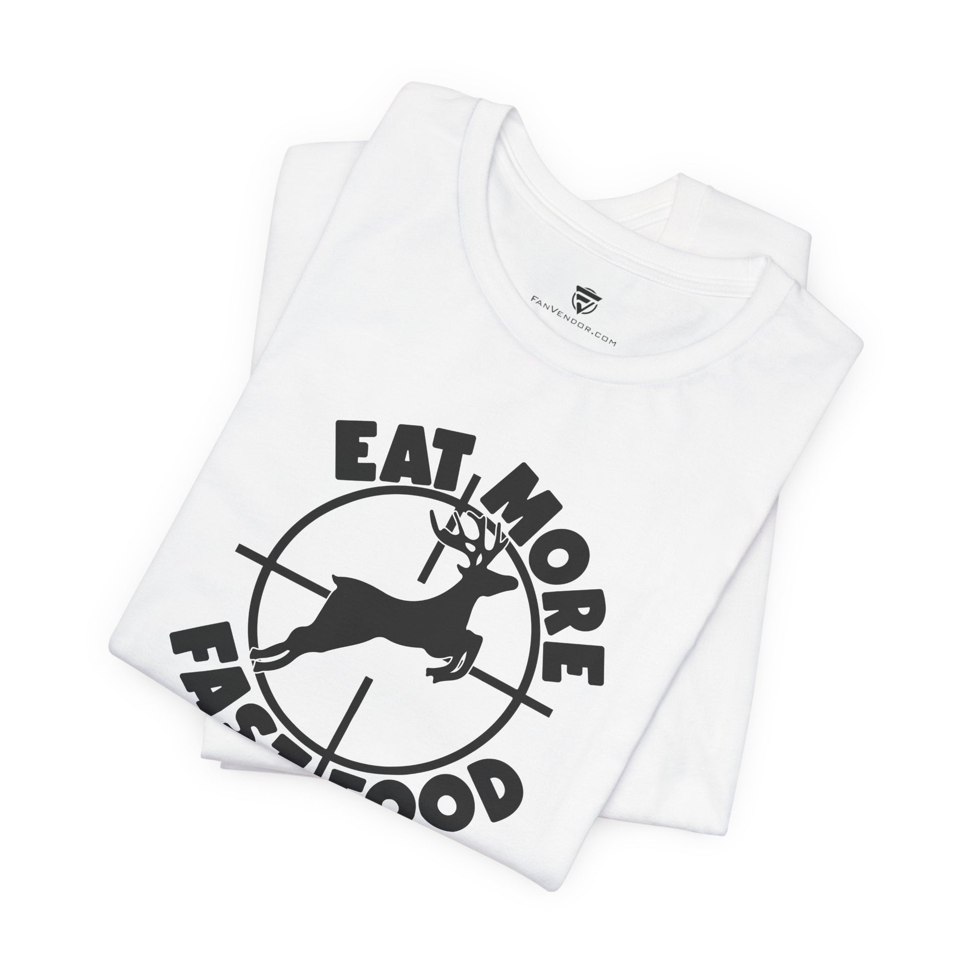 White t-shirt with black graphic and text on a white background