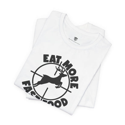 White t-shirt with black graphic and text on a white background