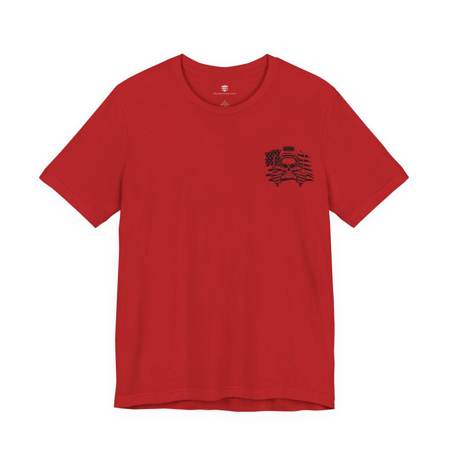 Red t-shirt with a black graphic on a white background