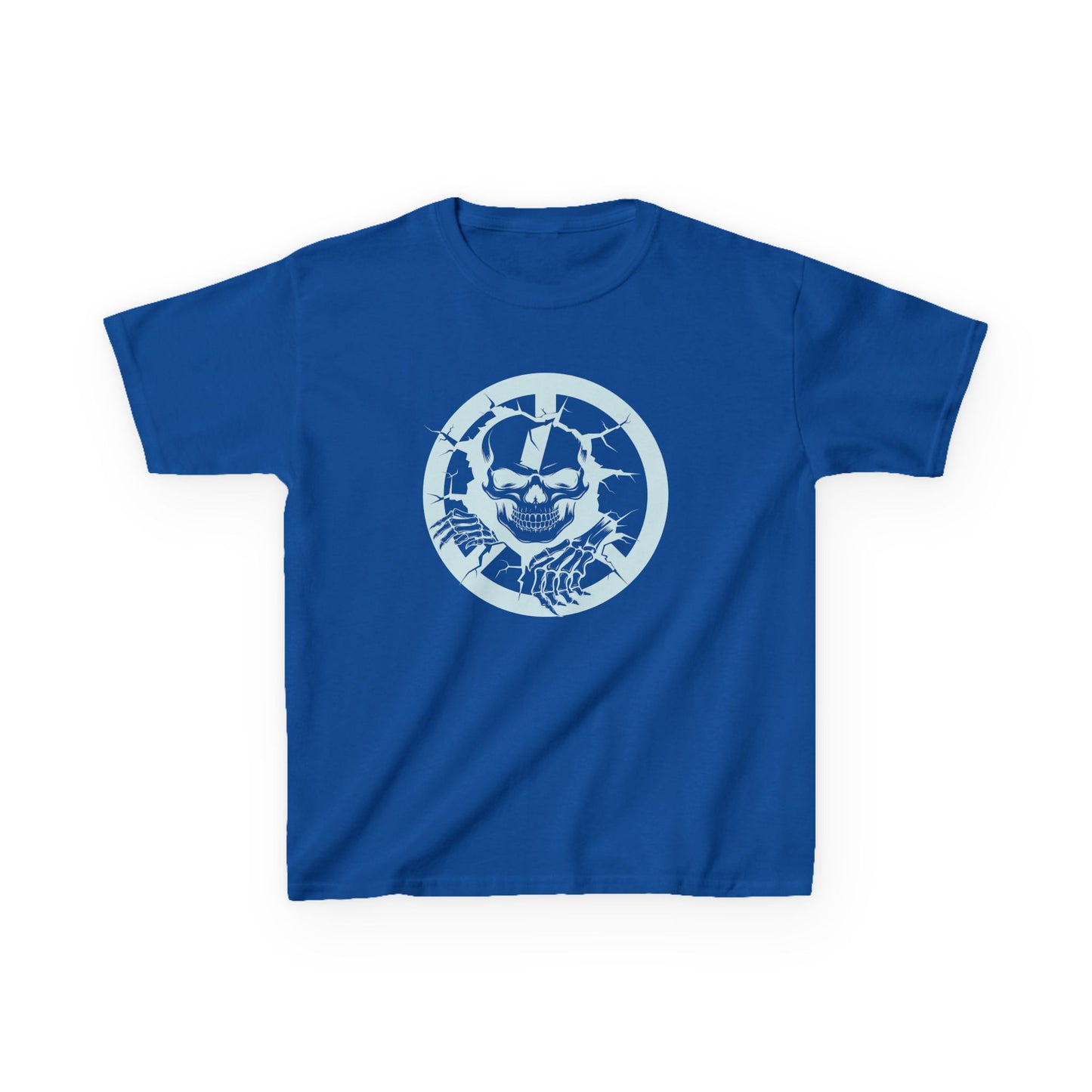 Blue t-shirt with a white graphic design on a white background