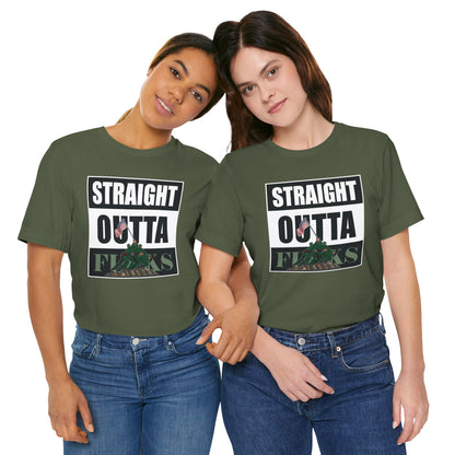 Two people wearing green t-shirts with 'Straight Outta' text design.