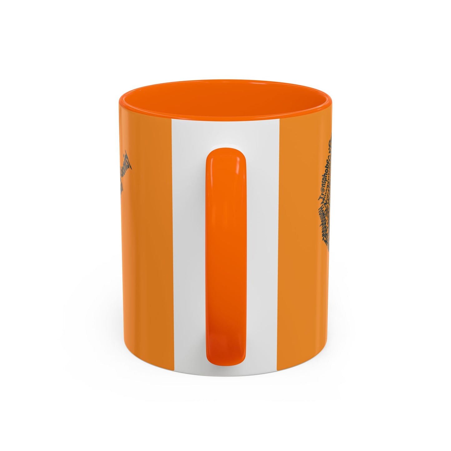 Orange and white cylindrical container with a handle on a white background