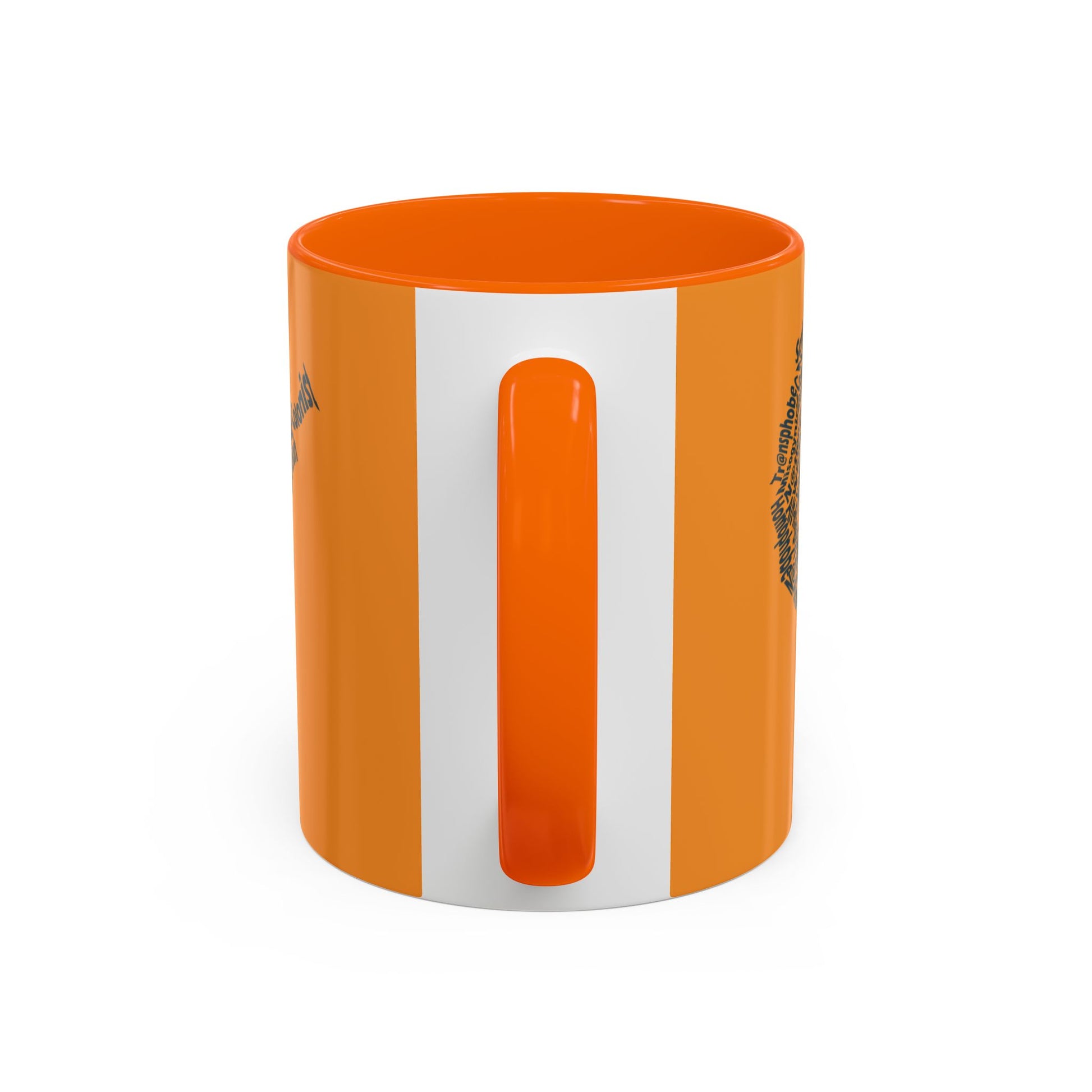 Orange and white cylindrical container with a handle on a white background