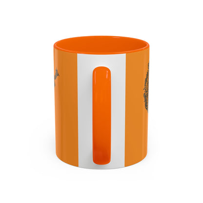 Orange and white cylindrical container with a handle on a white background