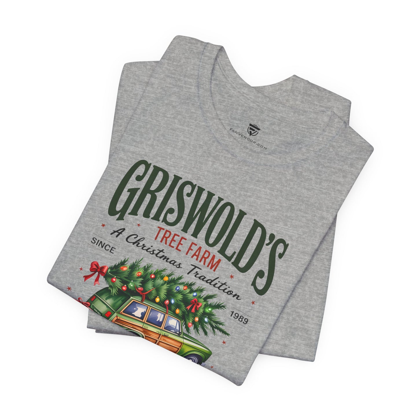 Gray t-shirt with 'Griswold's Tree Farm' design featuring a Christmas tree and car on a white background