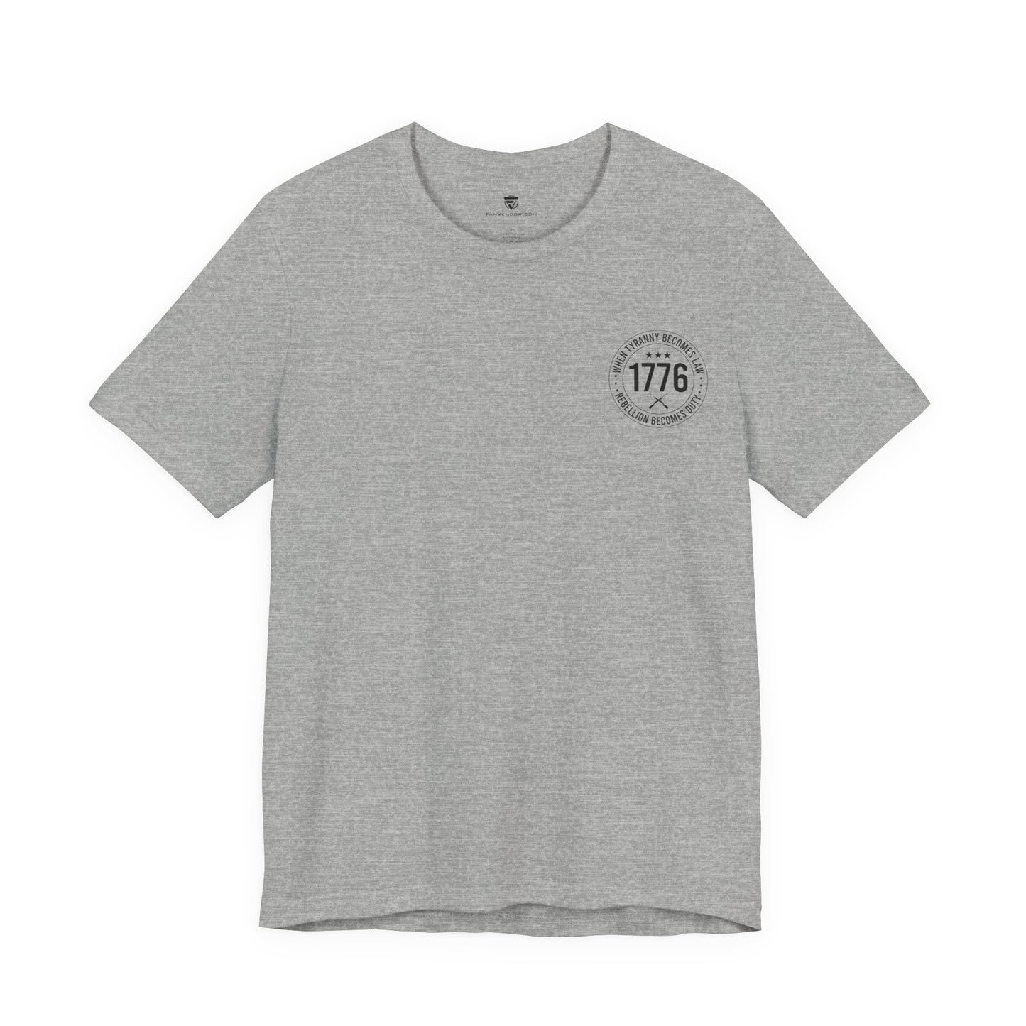 Gray t-shirt with a logo on the chest against a white background