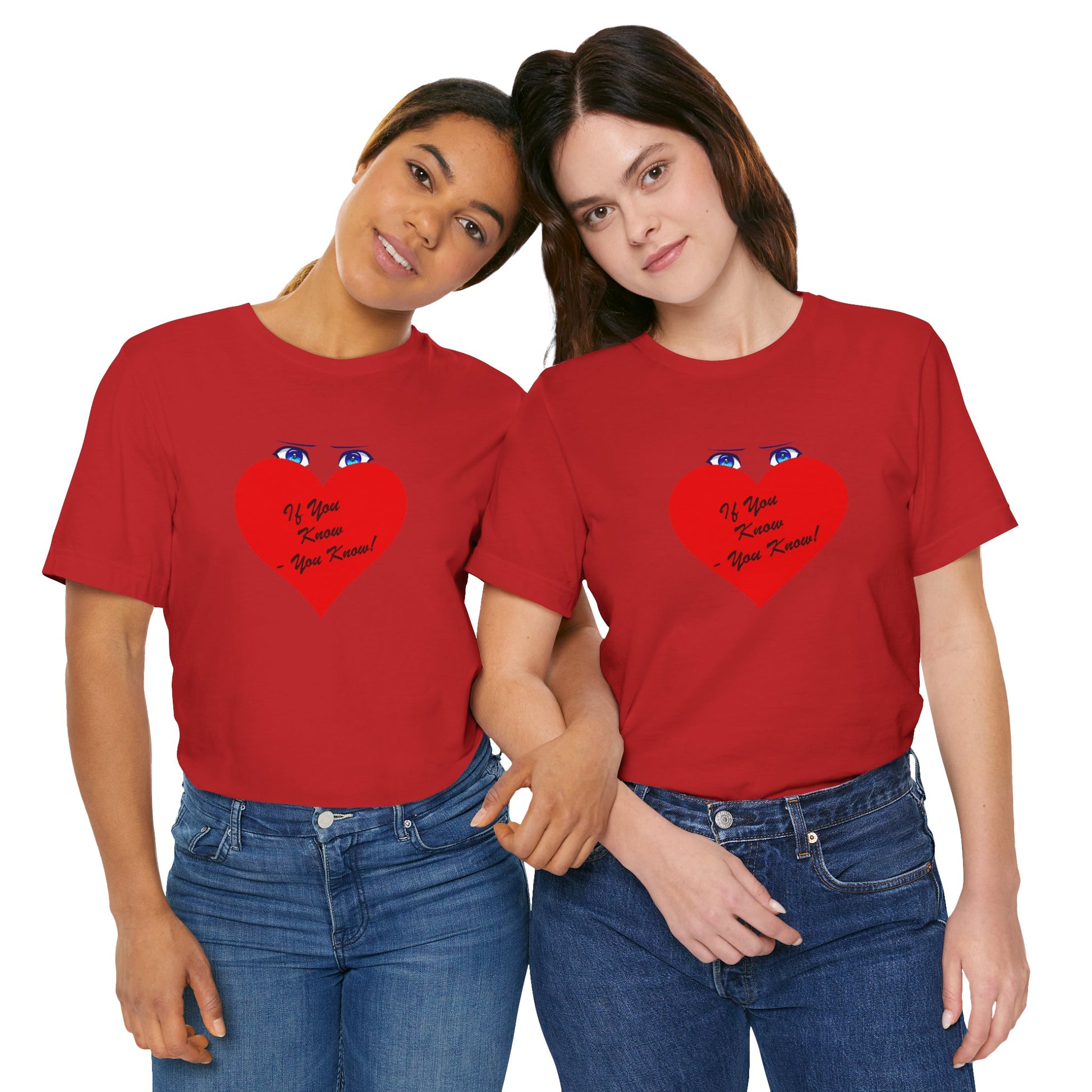 Two people wearing red t-shirts and blue jeans on a white background