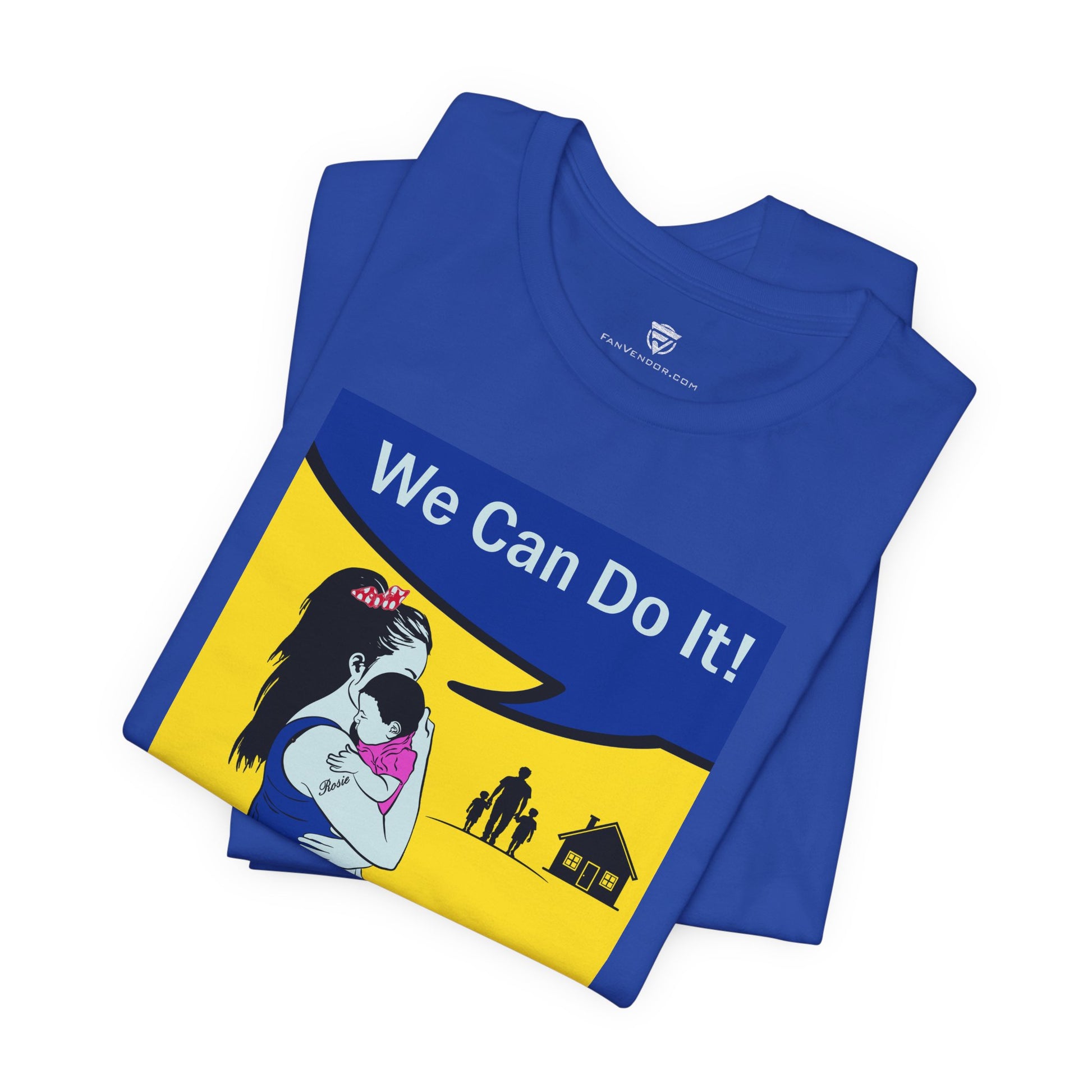 Blue t-shirt with a graphic design featuring 'We Can Do It!' text on a white background