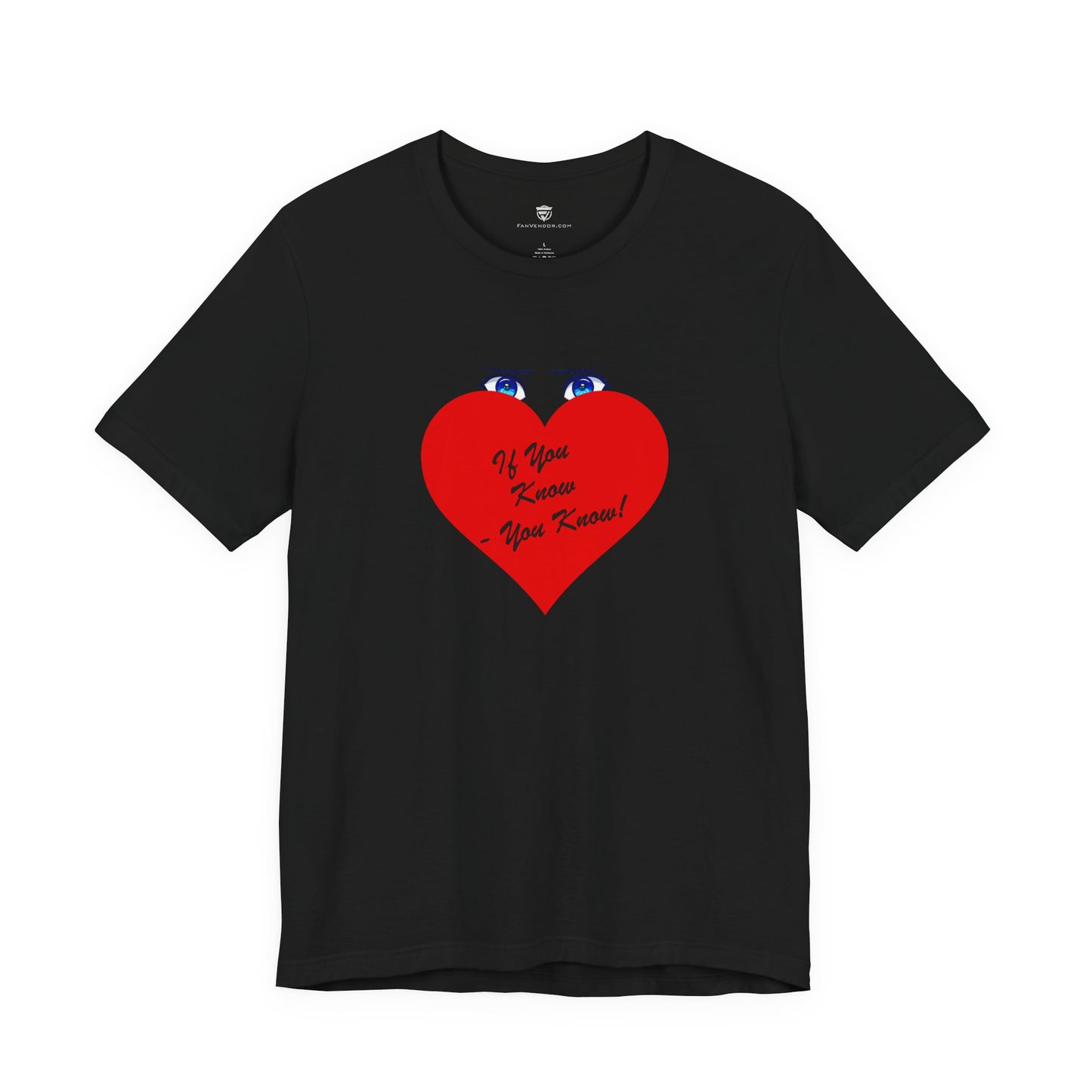 Black t-shirt with colorful text design on a white background