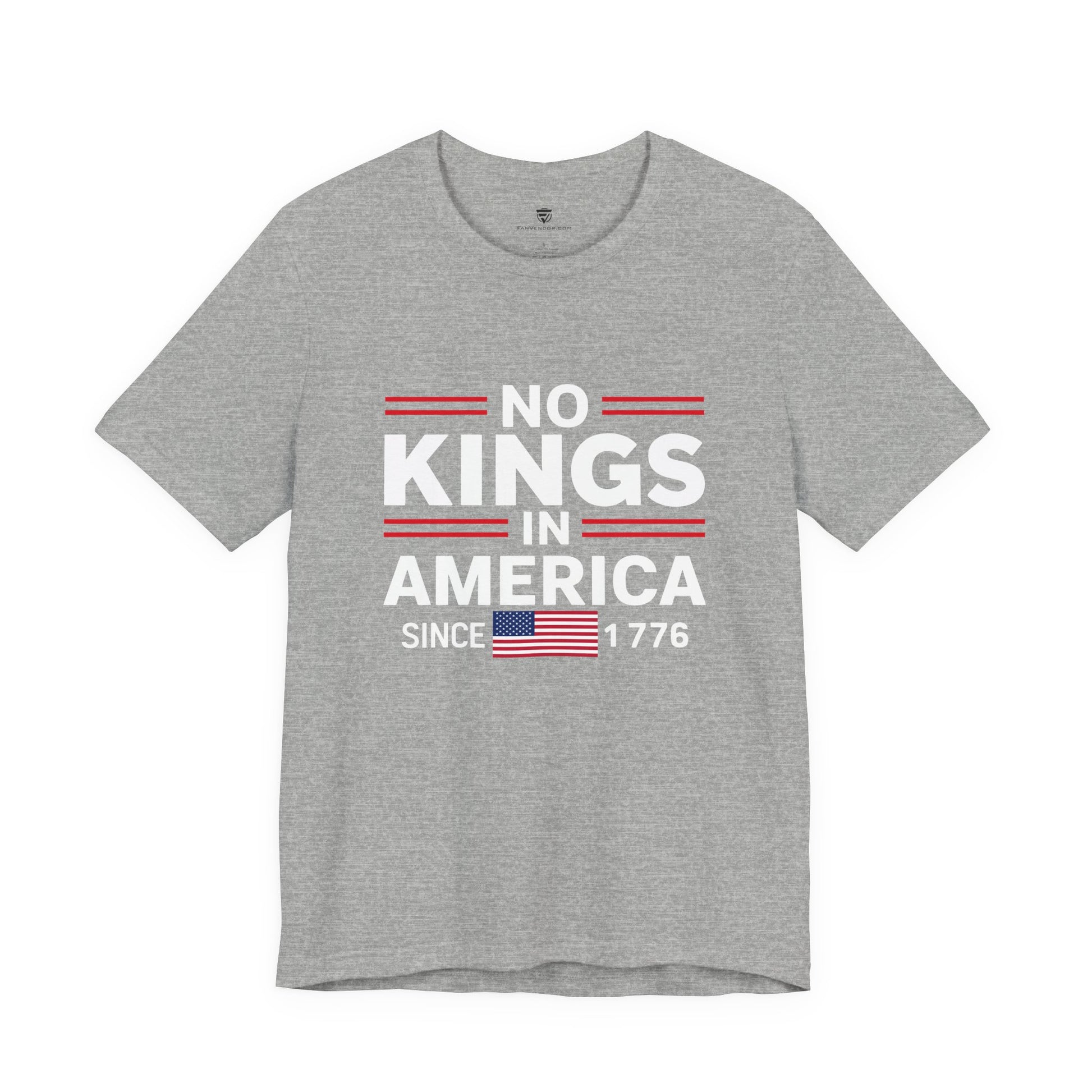 Gray t-shirt with 'No Kings in America' text and American flag on a white background