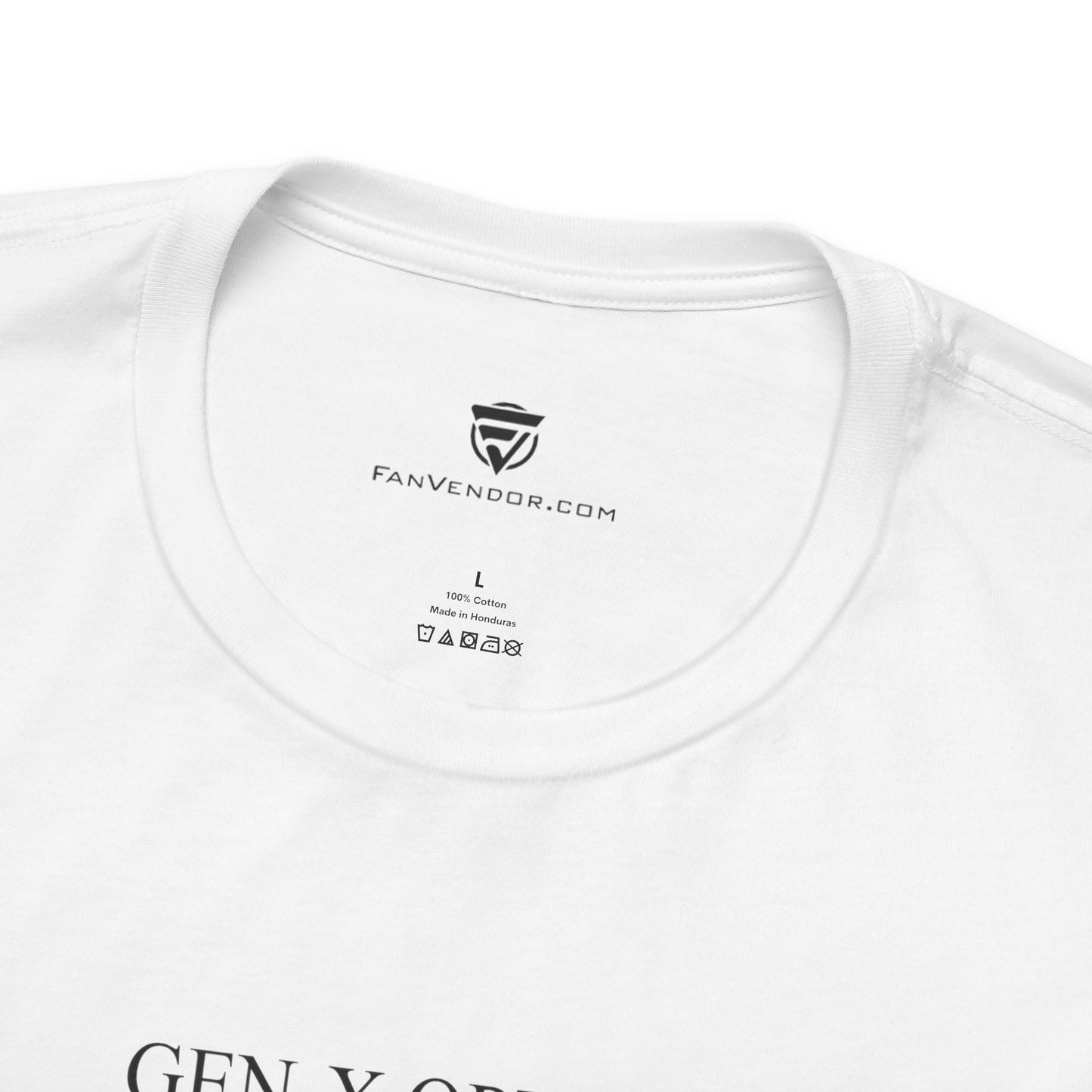 White t-shirt with 'Fanvendor.com' logo and text on a white background