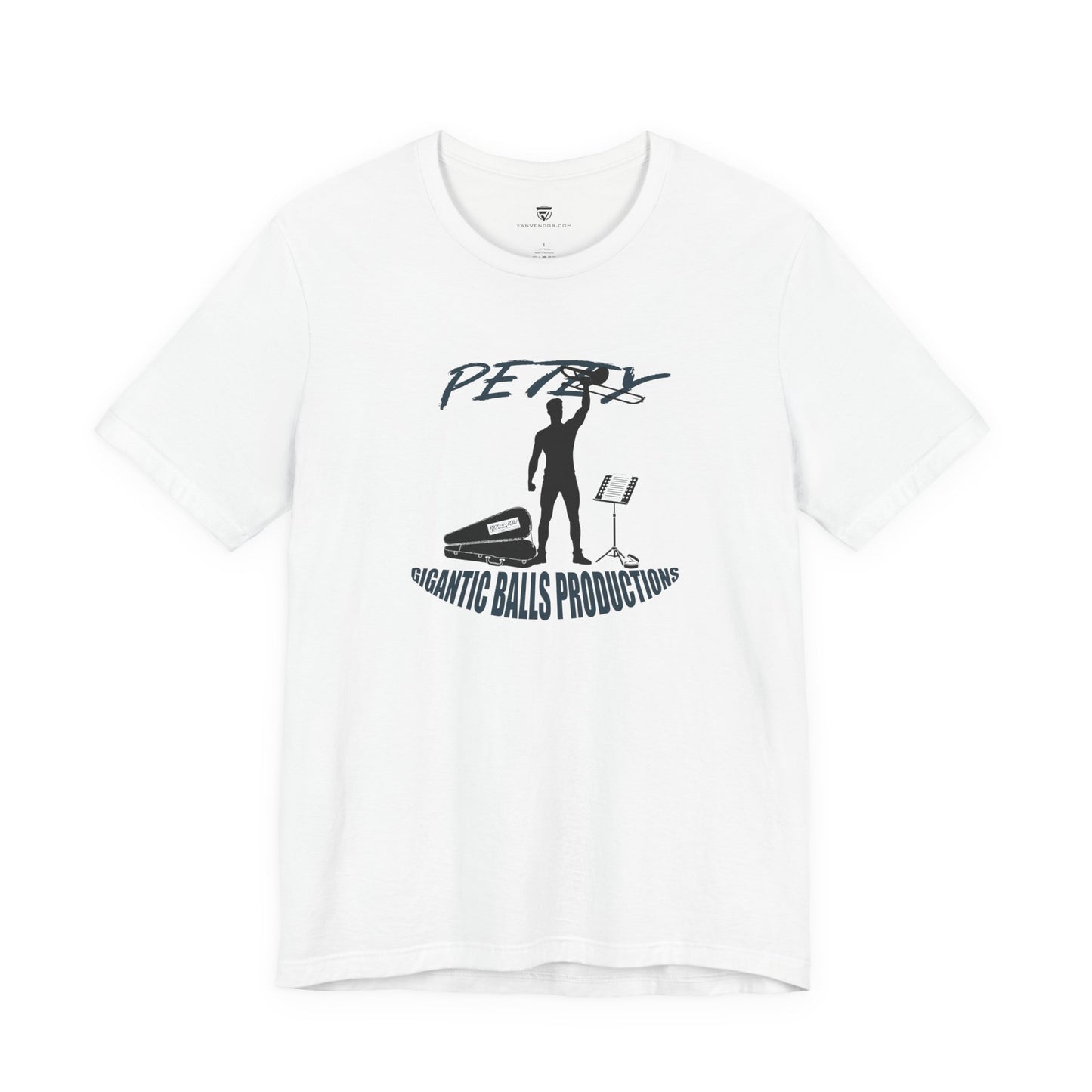 White t-shirt with black graphic design on a white background