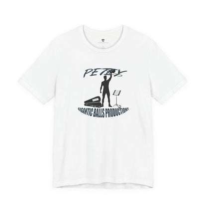 White t-shirt with black graphic design on a white background