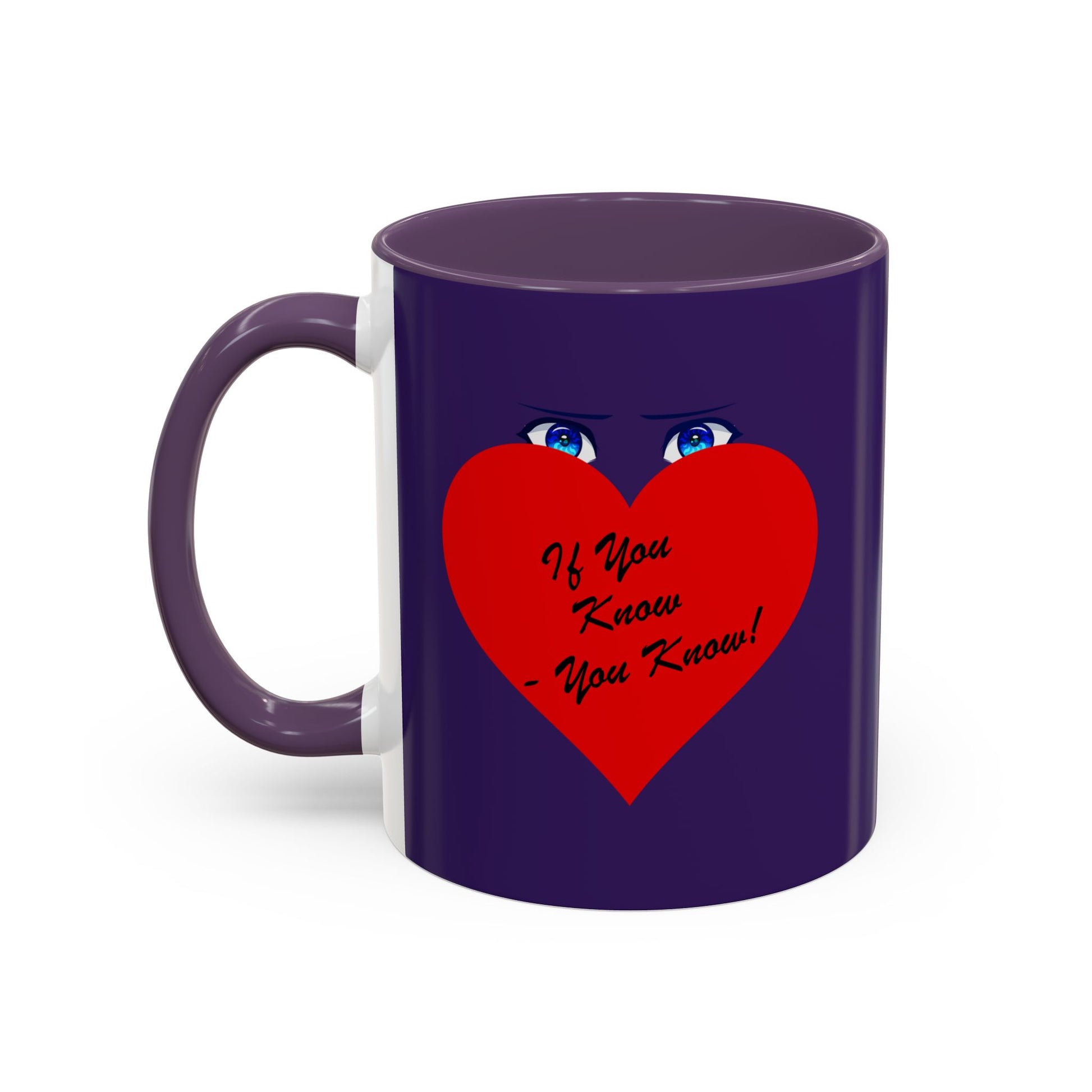 Purple mug with a red heart and text on a white background