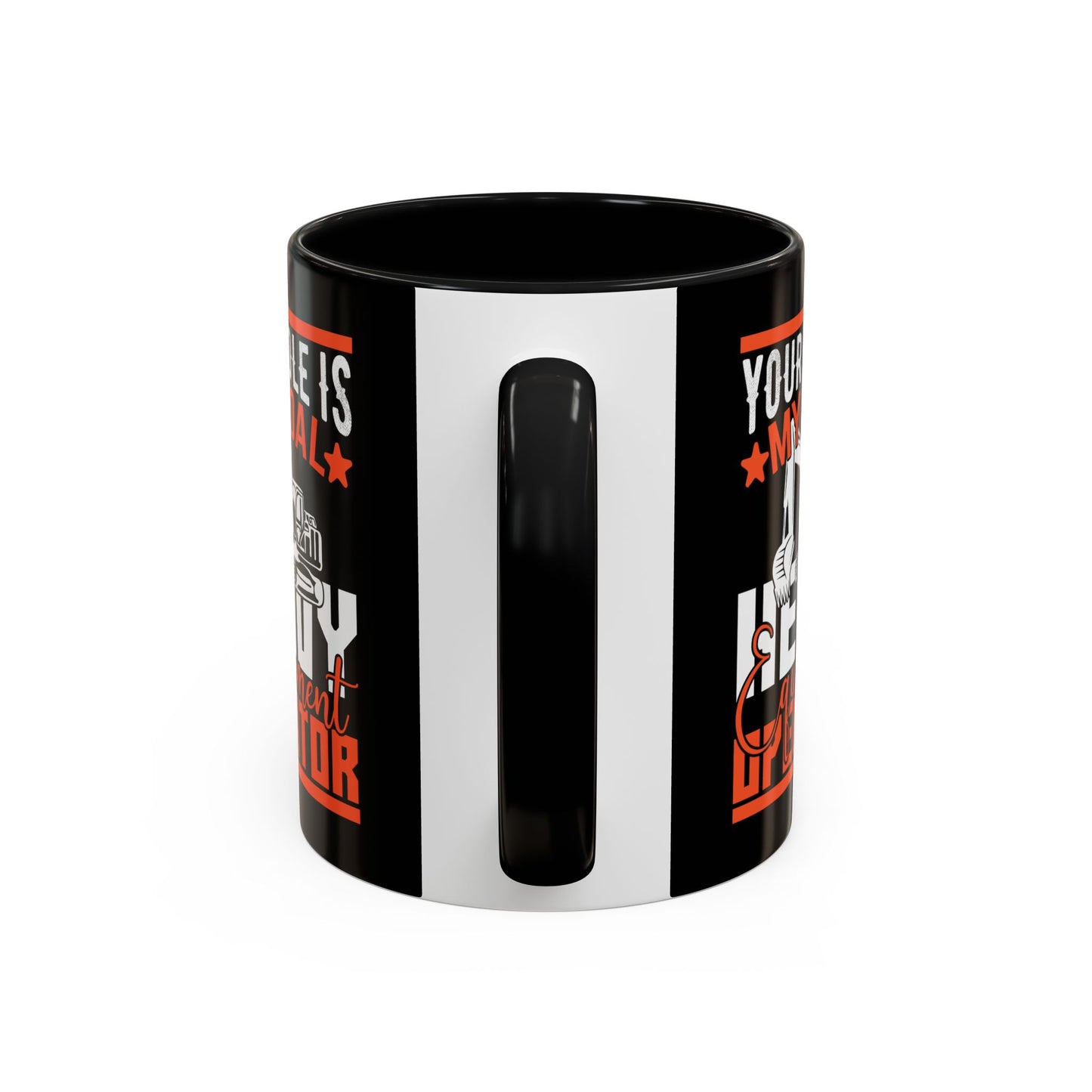 Black and white mug with red text on a white background