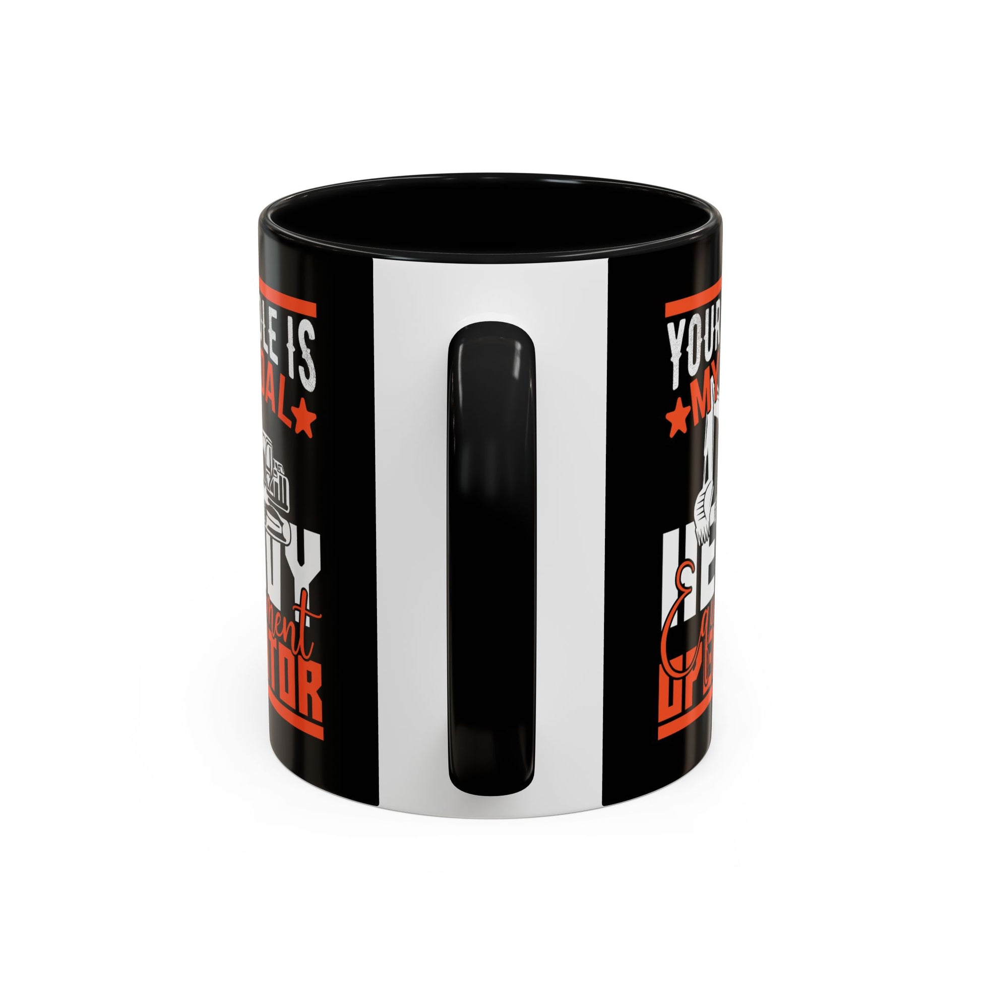 Black and white mug with red text on a white background