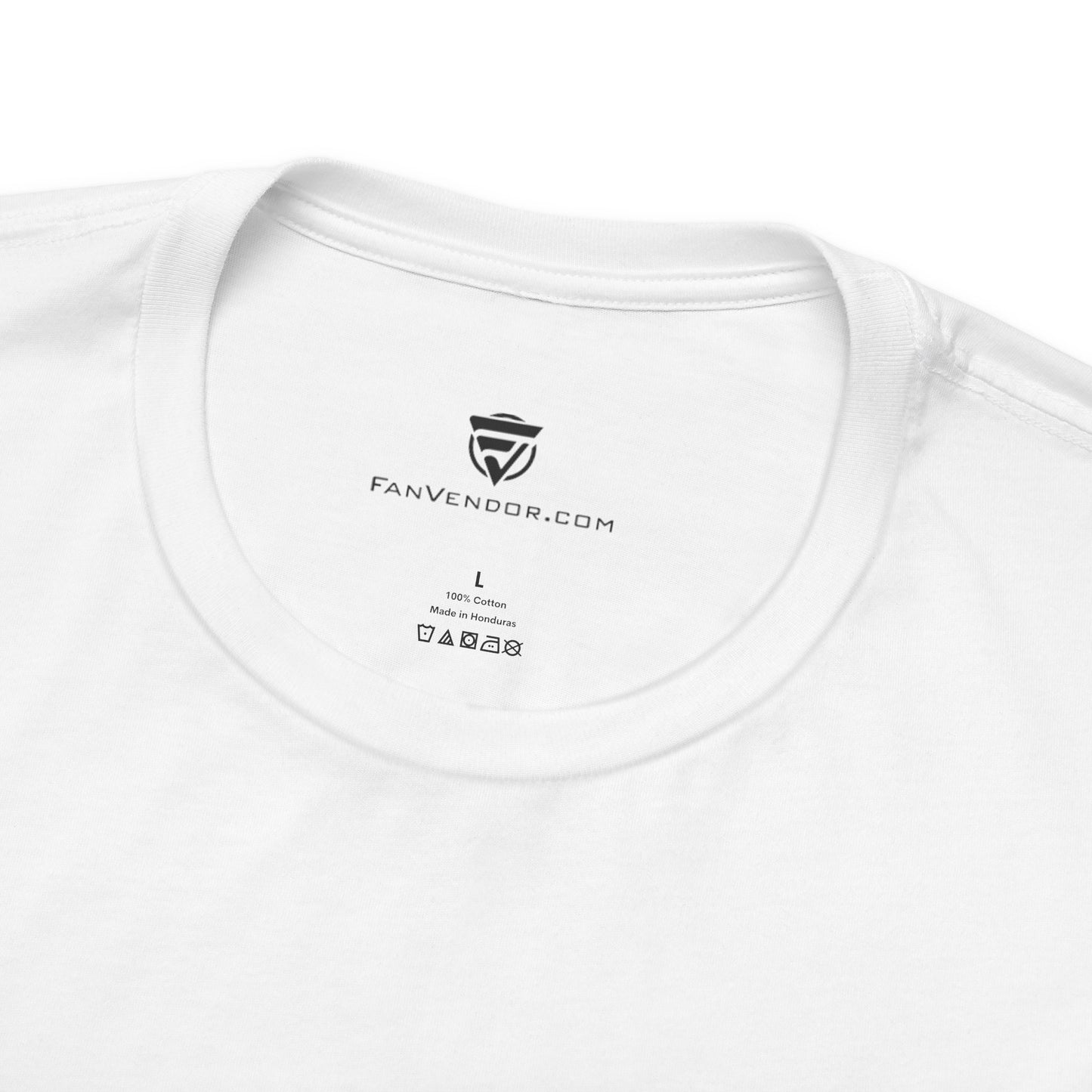 Close-up of a white t-shirt with 'FanVendor.com' logo and text on the collar.
