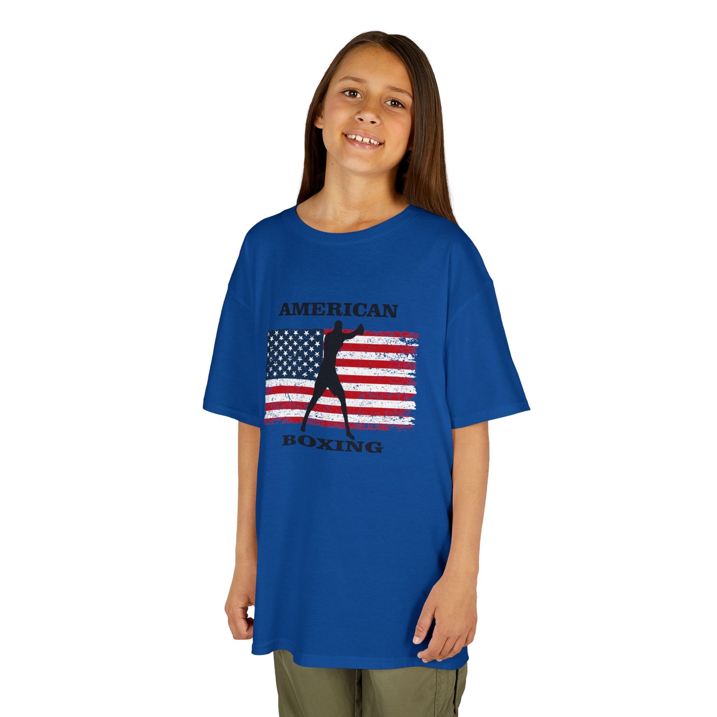 Child wearing a blue t-shirt with an American flag and boxing graphic on a white background